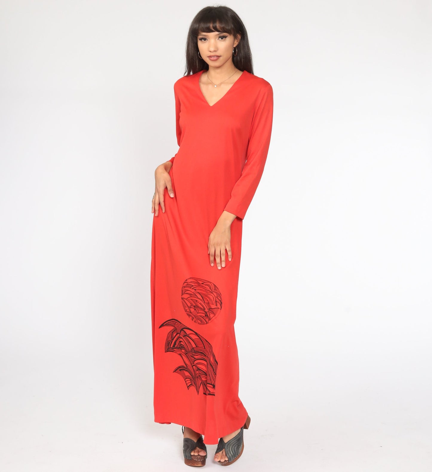 70s Red Abstract Graphic Maxi Dress Long Sleeve V Neck Medium
