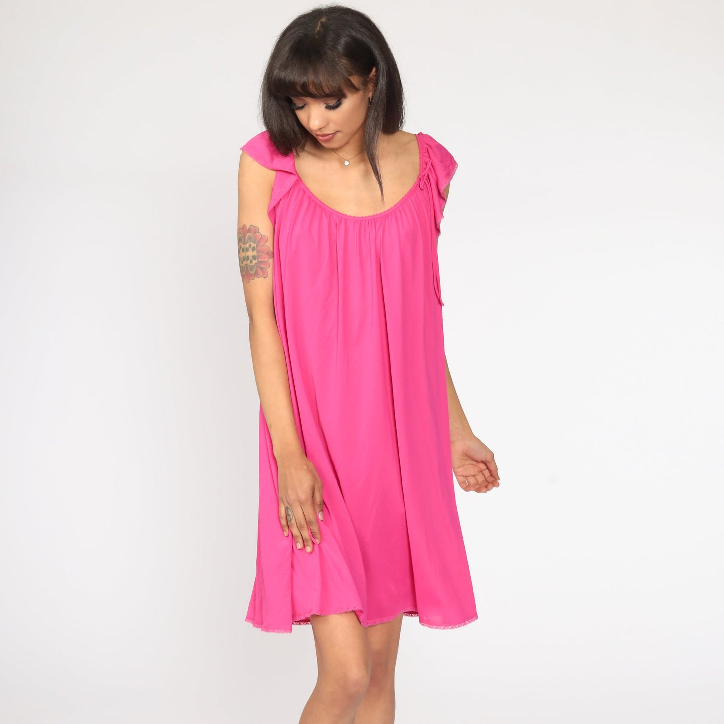 80s Bright Pink Nightgown Flutter Sleeve Tent Cut Nylon Nightie Medium Large
