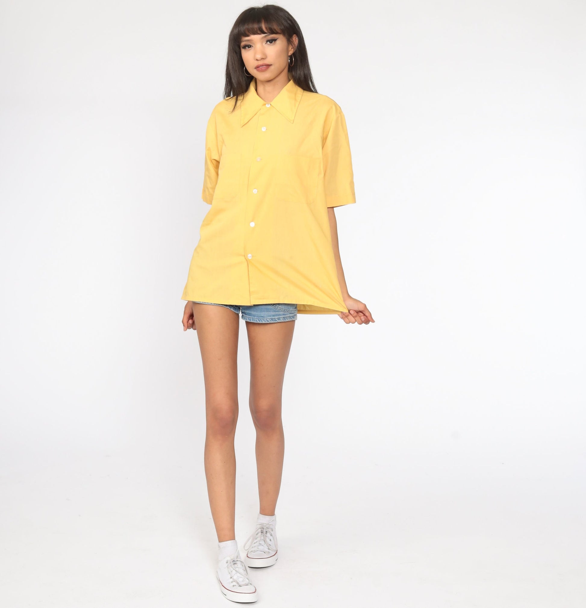 70s Yellow Button-Up Shirt Pointed Collar Short Sleeve Disco Blouse Large