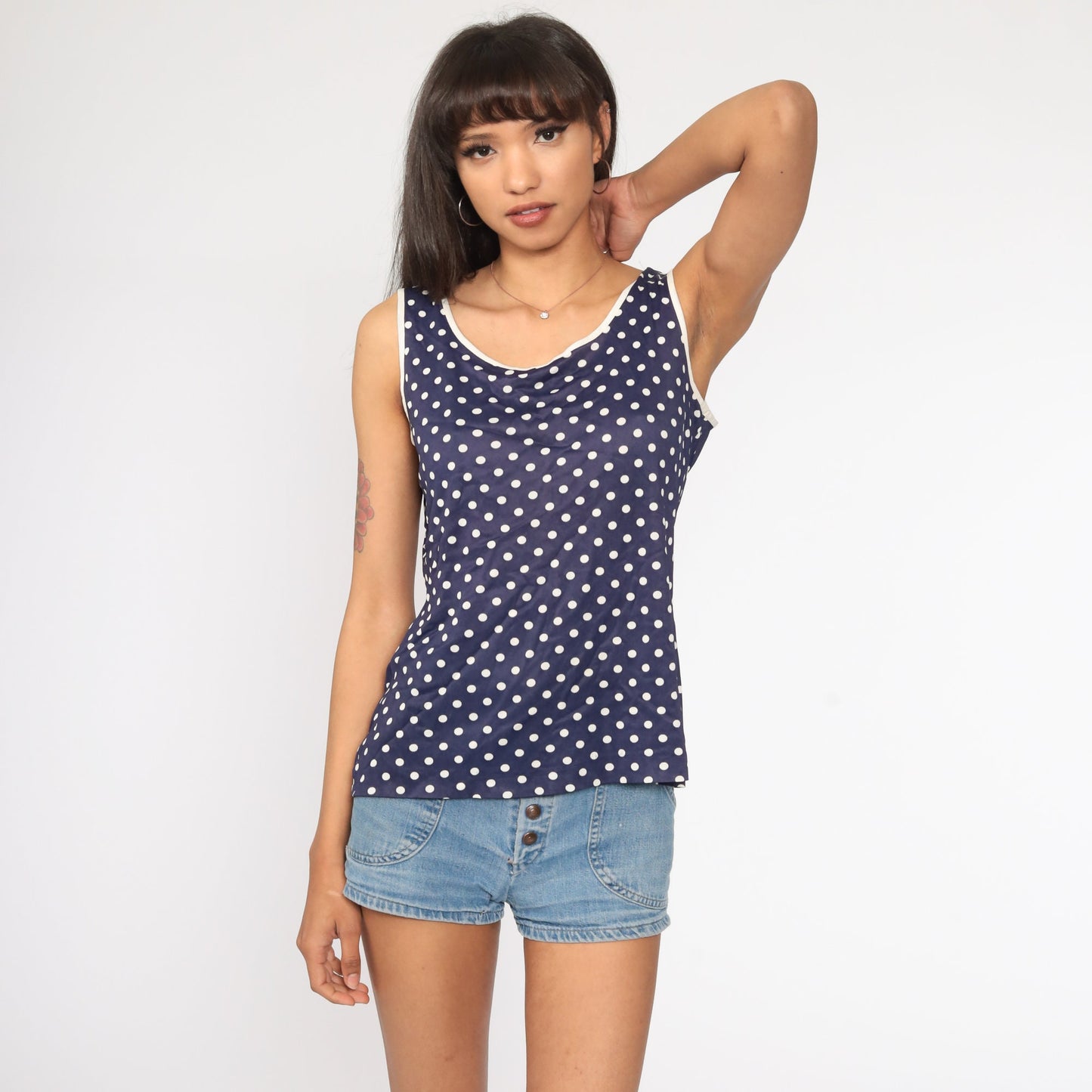 70s Dark Blue Polka Dot Tank Top Sleeveless Shirt Medium