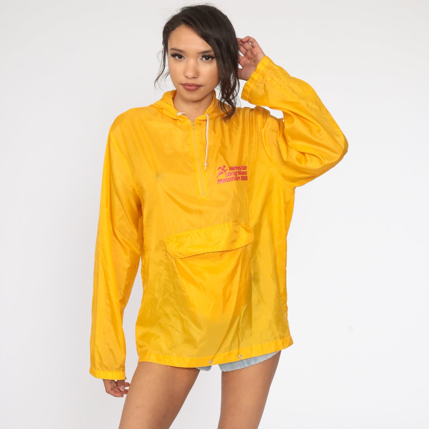 80s Long Island Marathon Yellow Half Zip Hooded Jacket Windbreaker Small Medium