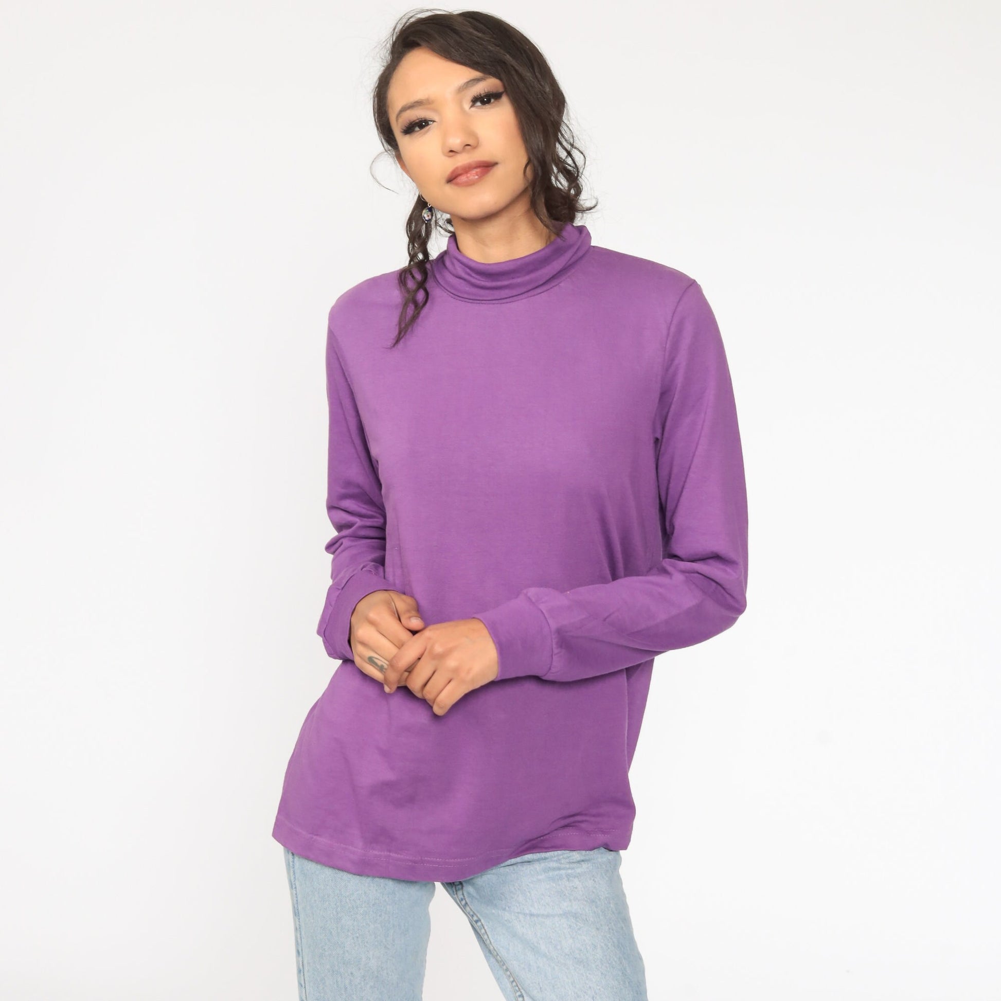 80s Purple Turtleneck Long Sleeve Shirt Cotton Blend Large