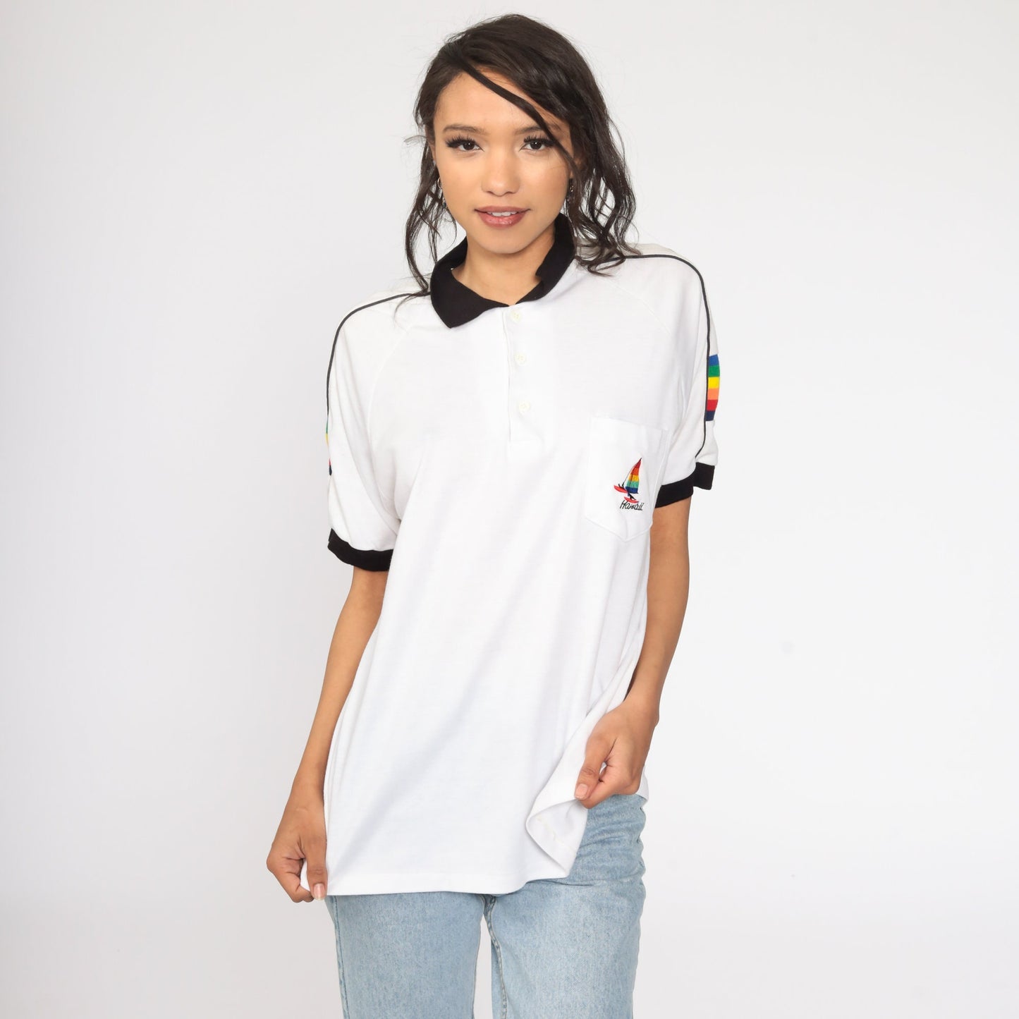 80s Hawaii Rainbow Sailboat Polo Shirt Striped Collared Half-Button Extra Large