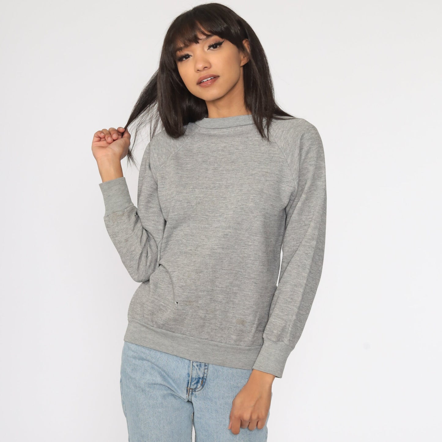 80s Grey Raglan Sweatshirt Crewneck Plain Pullover Small