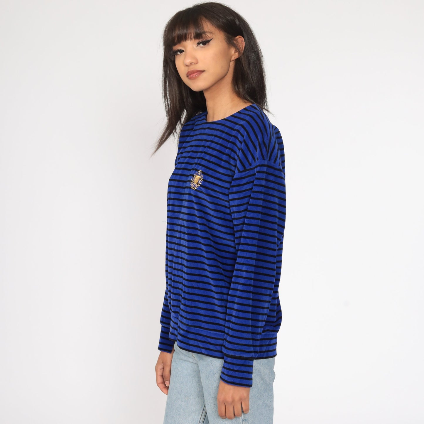 80s Striped Velour Pullover Blue Gold Crest Long Sleeve Small
