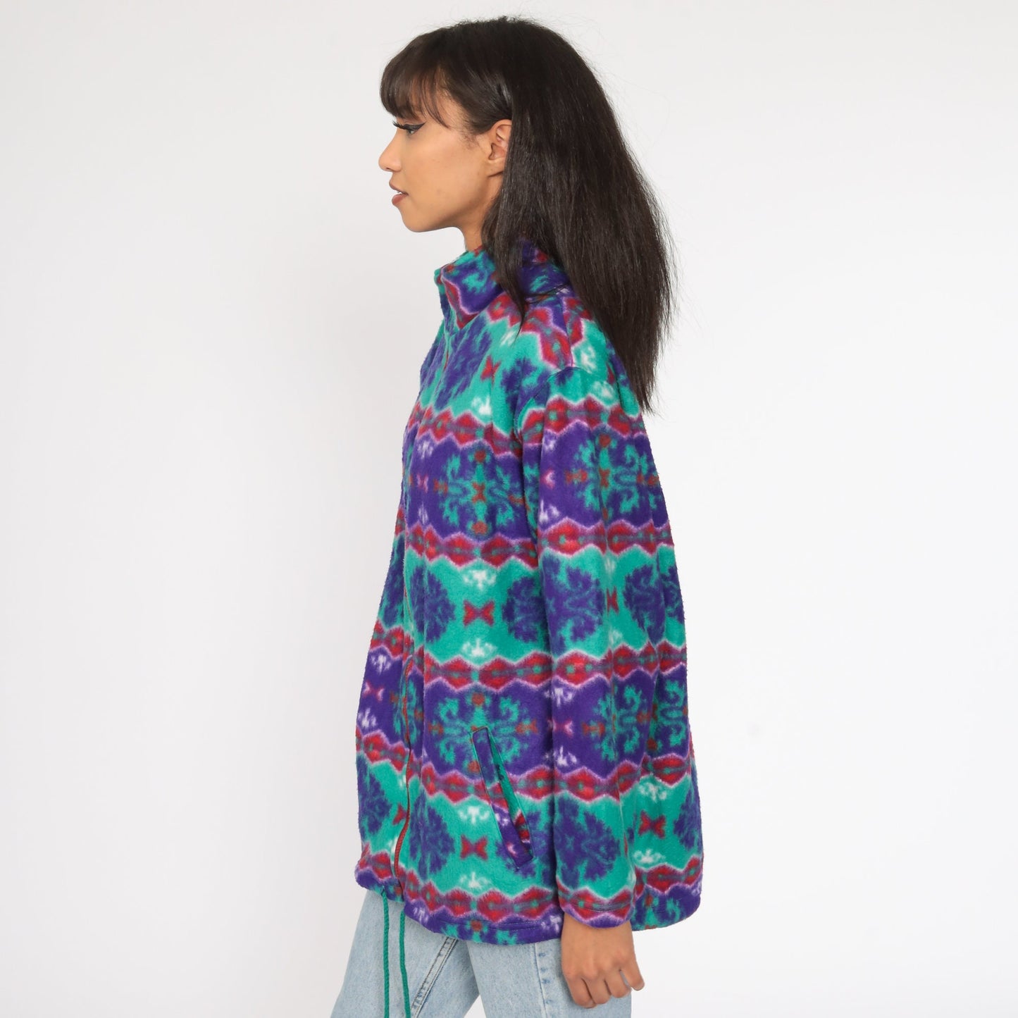 90s Geometric Fleece Jacket Zip Up Green Purple Large L