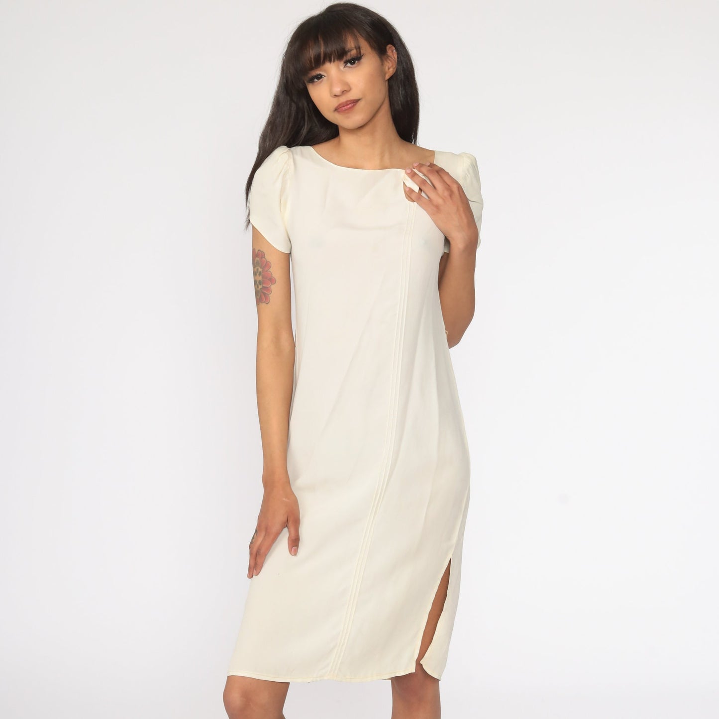 70s Cream Mini Shift Dress Puff Sleeve Cutout Bow Extra Small XS