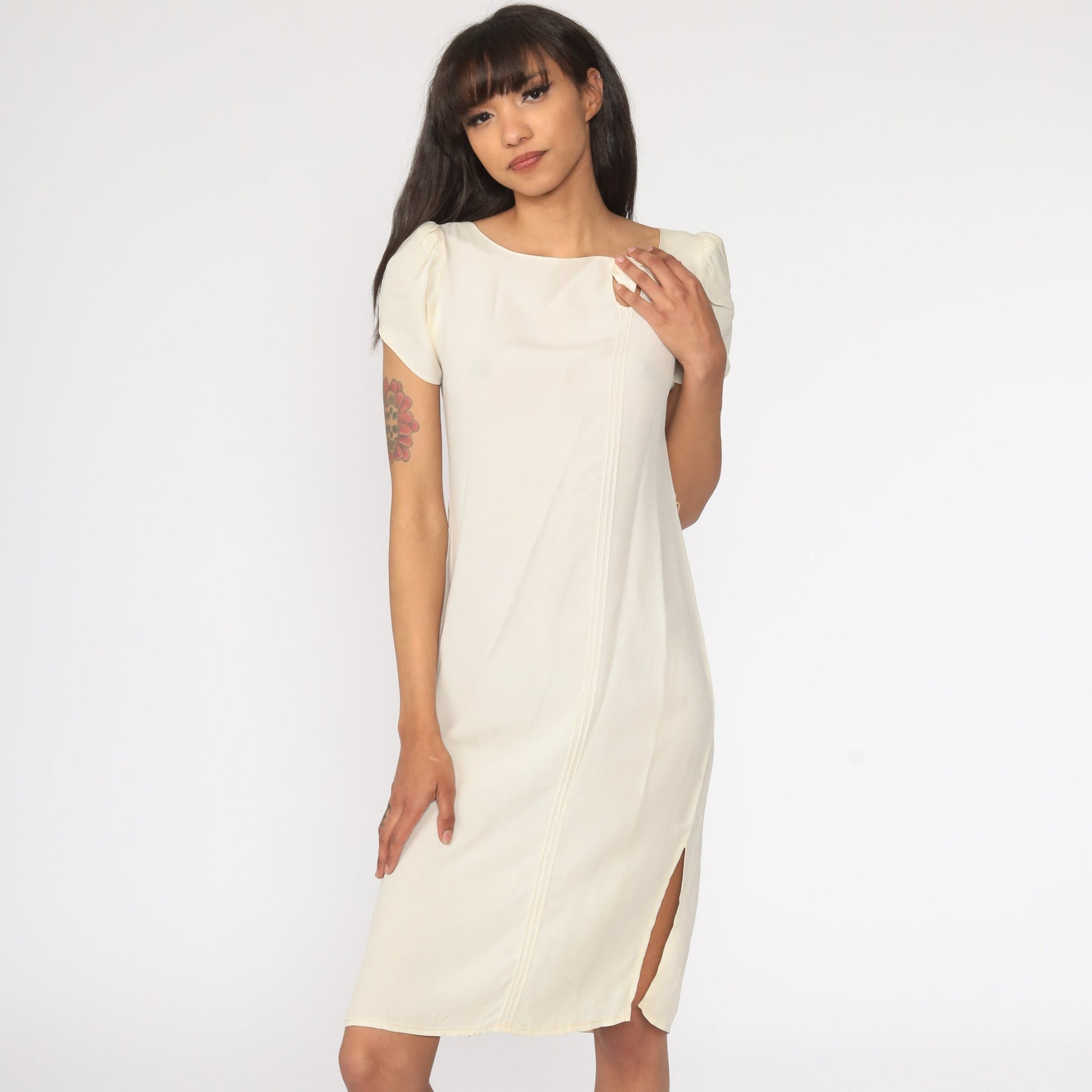 70s Cream Mini Shift Dress Puff Sleeve Cutout Bow Extra Small XS