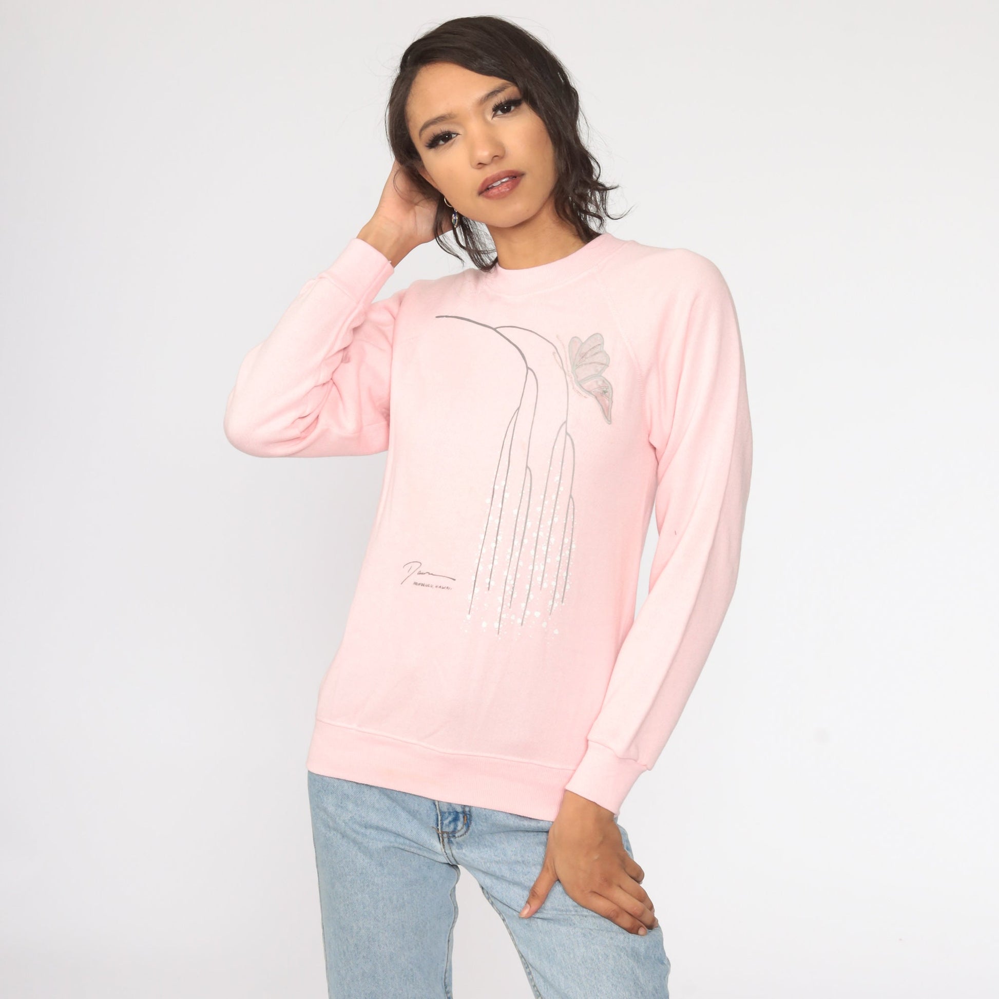 80s Butterfly Sweatshirt Baby Pink Graphic Crewneck Extra Small