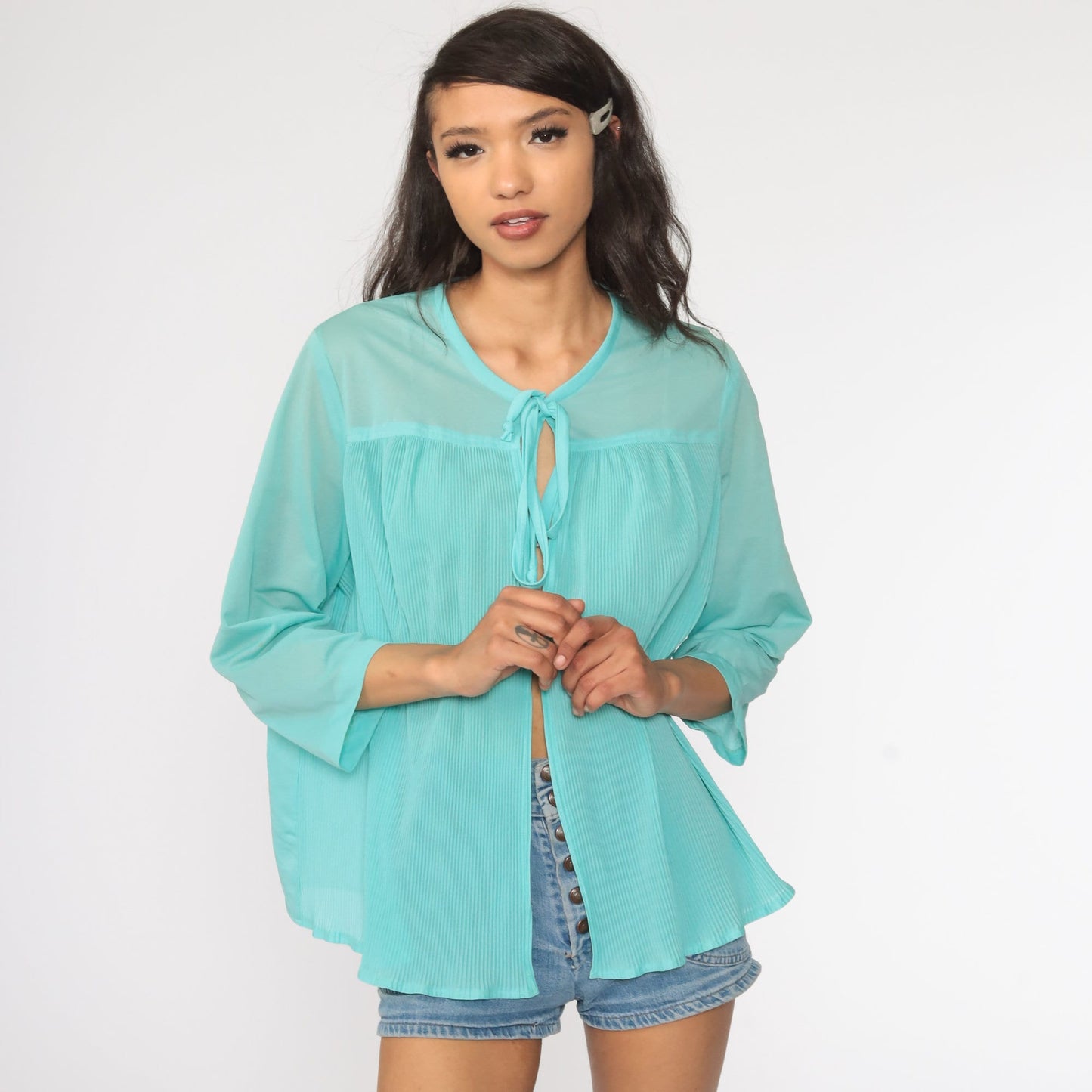 70s Sheer Blue Blouse Tie Neck Pleated Long Sleeve Top Medium Large