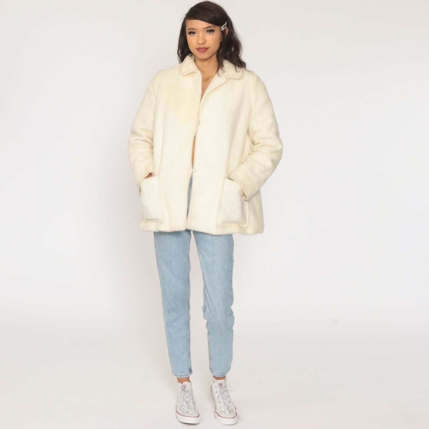 60s Off-White Faux Fur Coat Vintage Jacket Large L