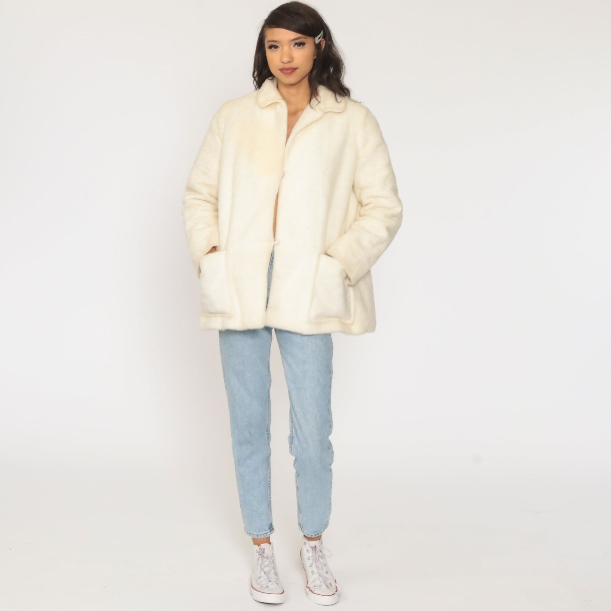 60s Off-White Faux Fur Coat Vintage Jacket Large L