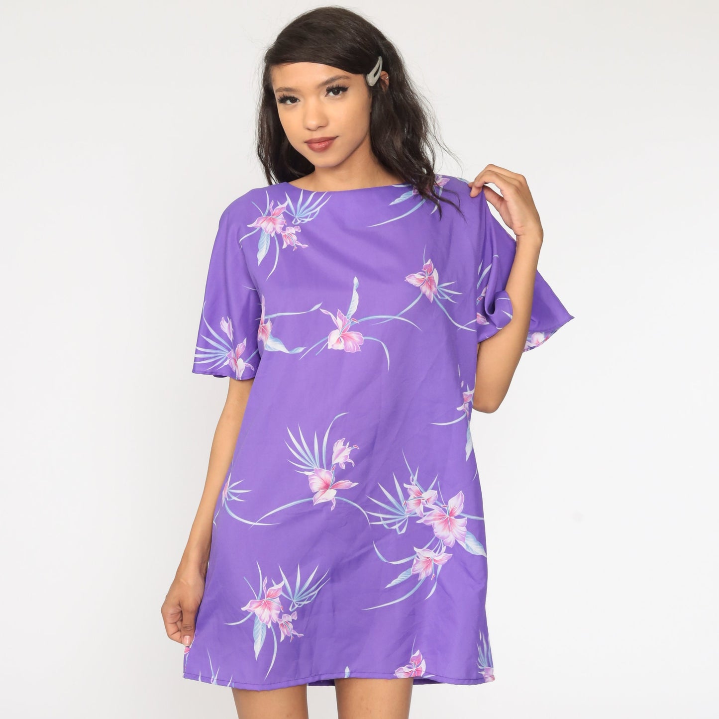 80s Floral Shift Dress Purple Tropical Flutter Sleeve Midi Medium Large