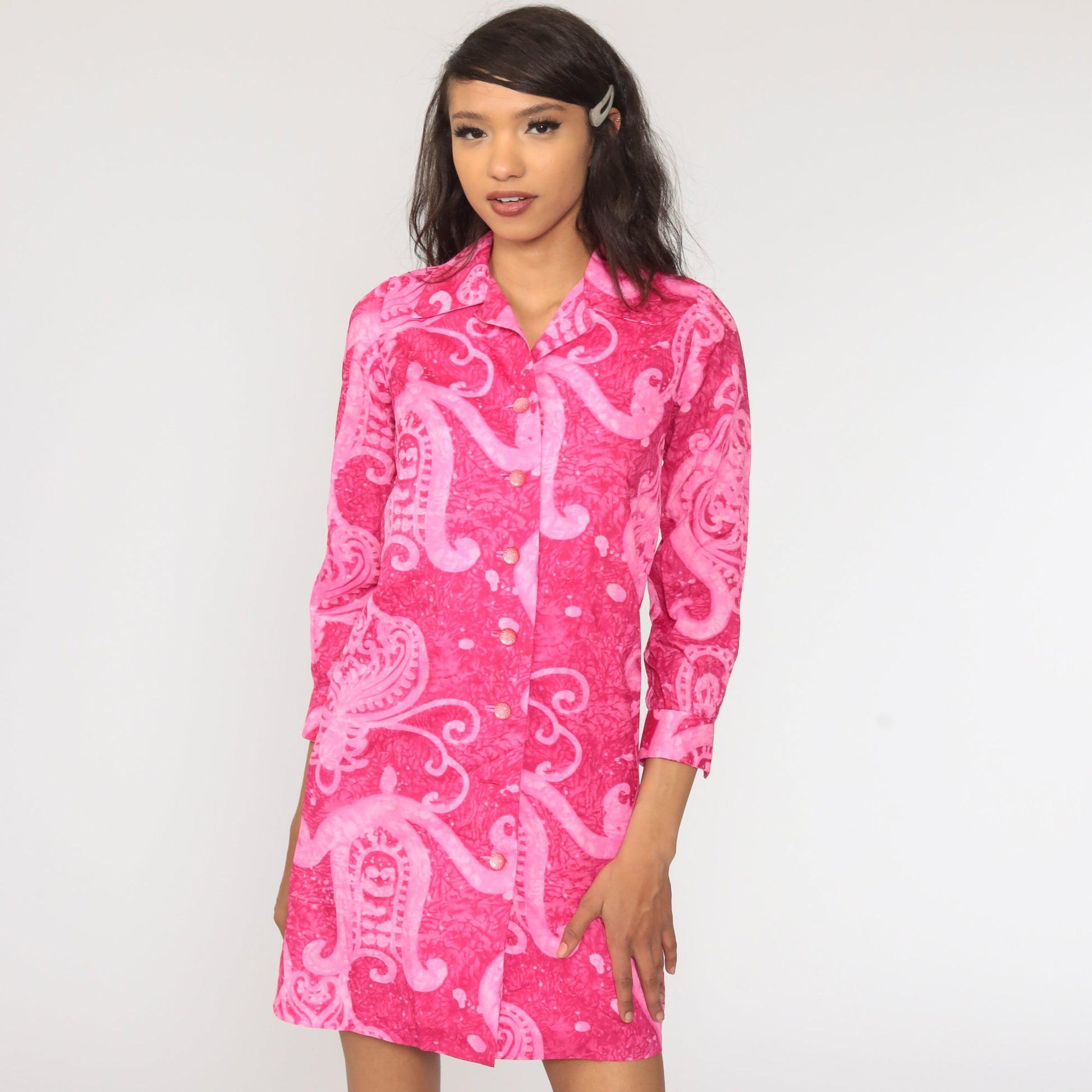 70s Pink Psychedelic Mini Shift Dress Button-Up Long Sleeve Extra Small