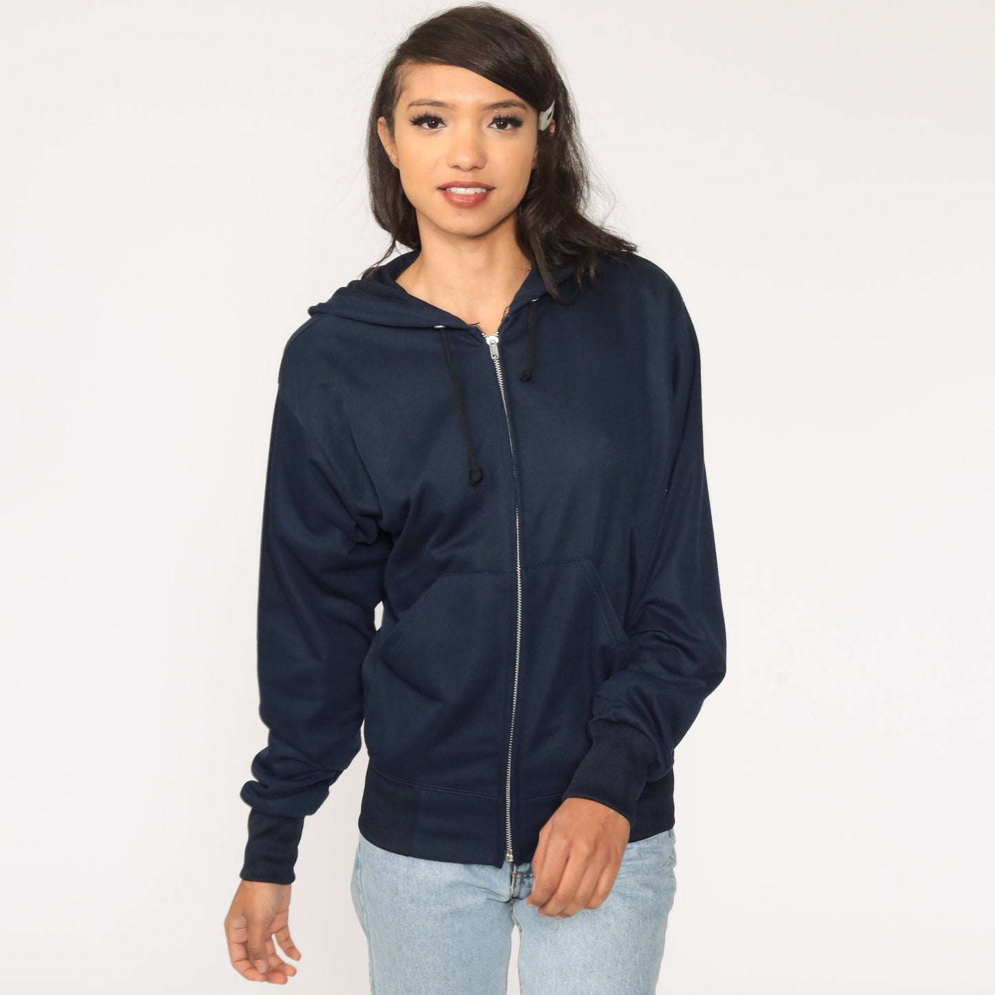 80s Blue Zip-Up Hoodie Sweatshirt Navy Pockets Medium