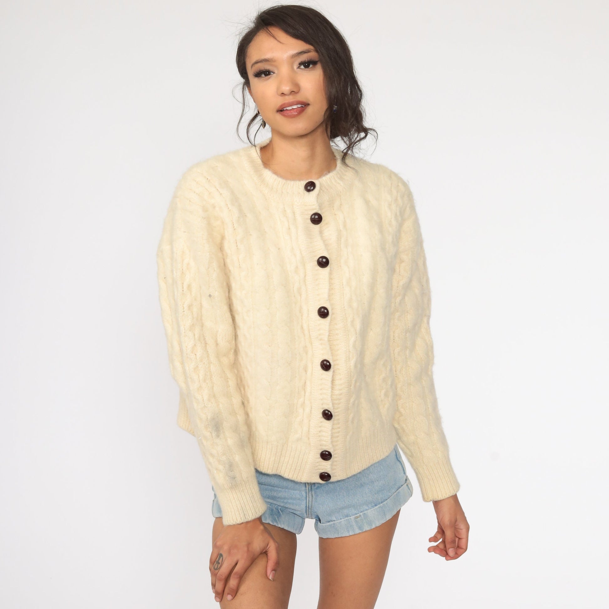 80s Wool Cable Knit Cardigan Cream Fisherman Sweater Button Up Extra Small