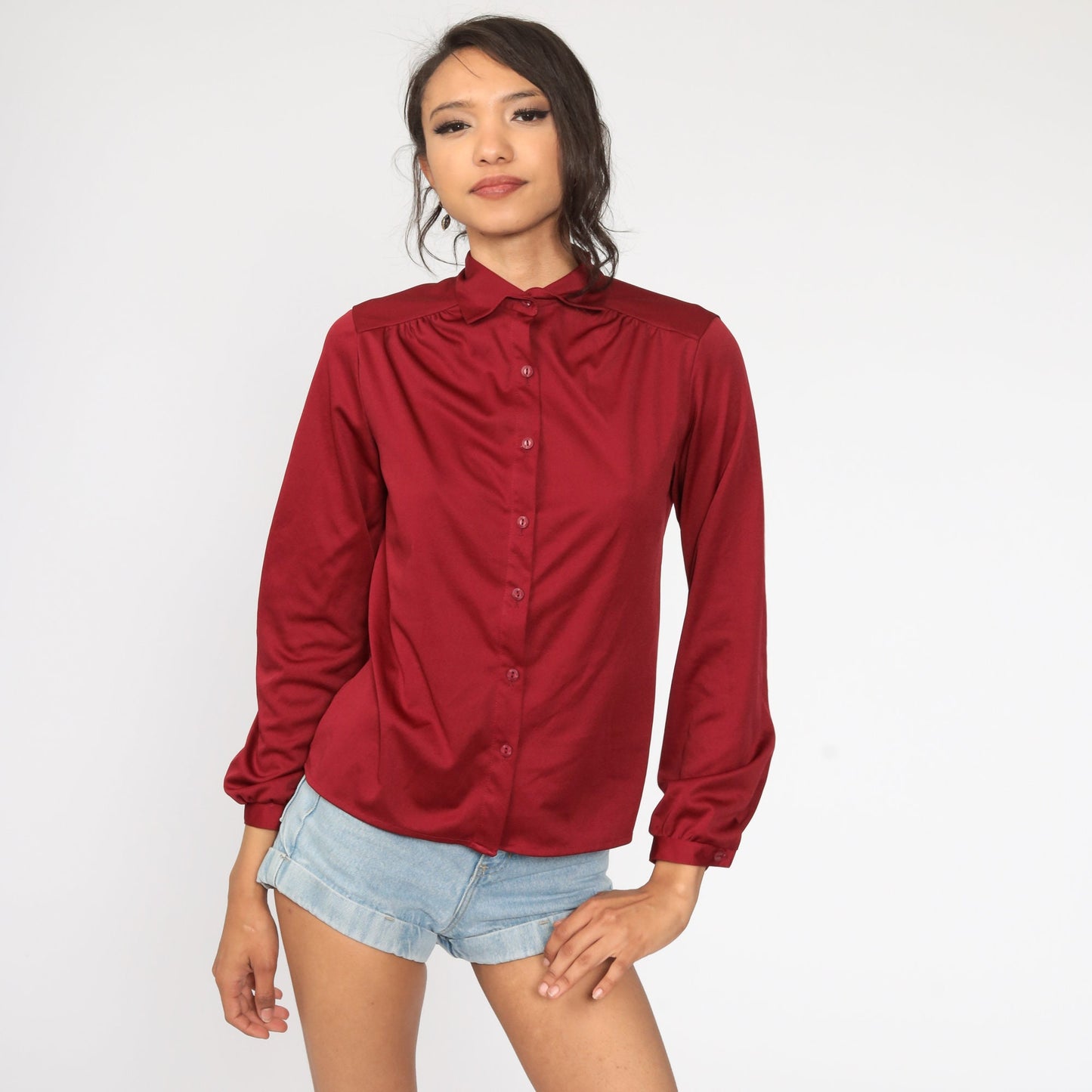 70s Burgundy Button-Up Shirt Long Sleeve Collared Blouse Small