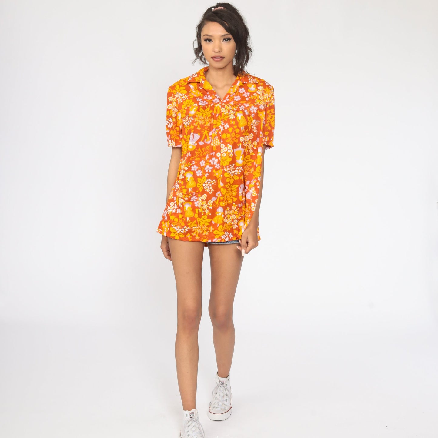 70s Mushroom Print Tunic Blouse Burnt Orange Short Sleeve Medium