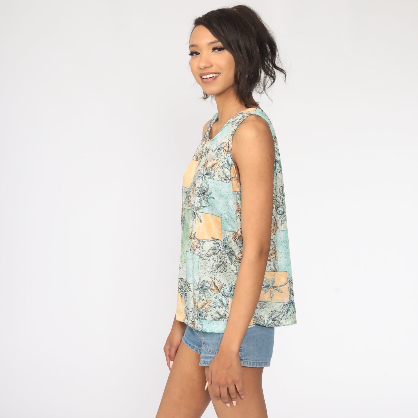 70s Floral Tank Top Hippie Sleeveless Blouse Green Large
