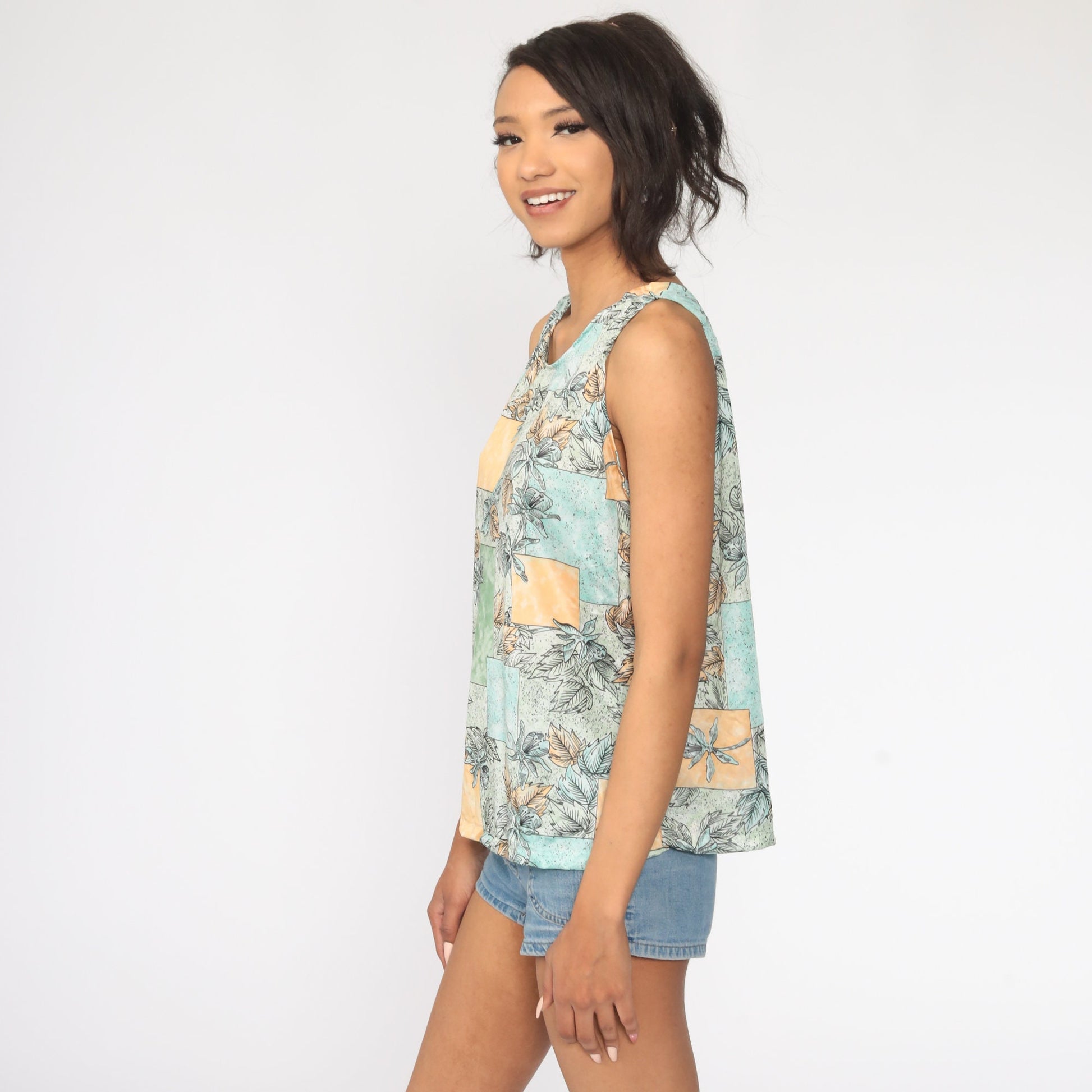 70s Floral Tank Top Hippie Sleeveless Blouse Green Large
