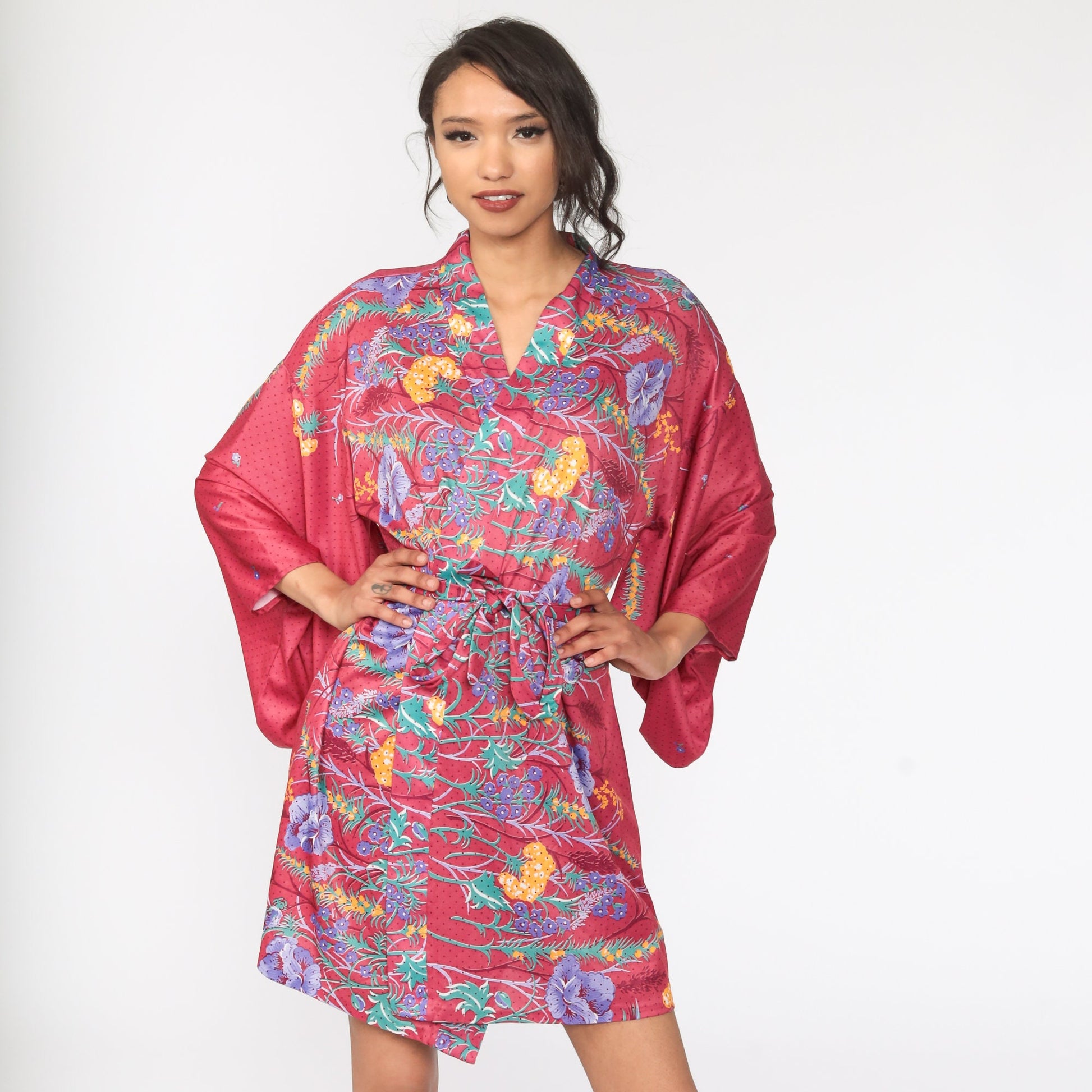70s Floral Kimono Robe Wrap Dressing Gown Tropical Print Medium Large