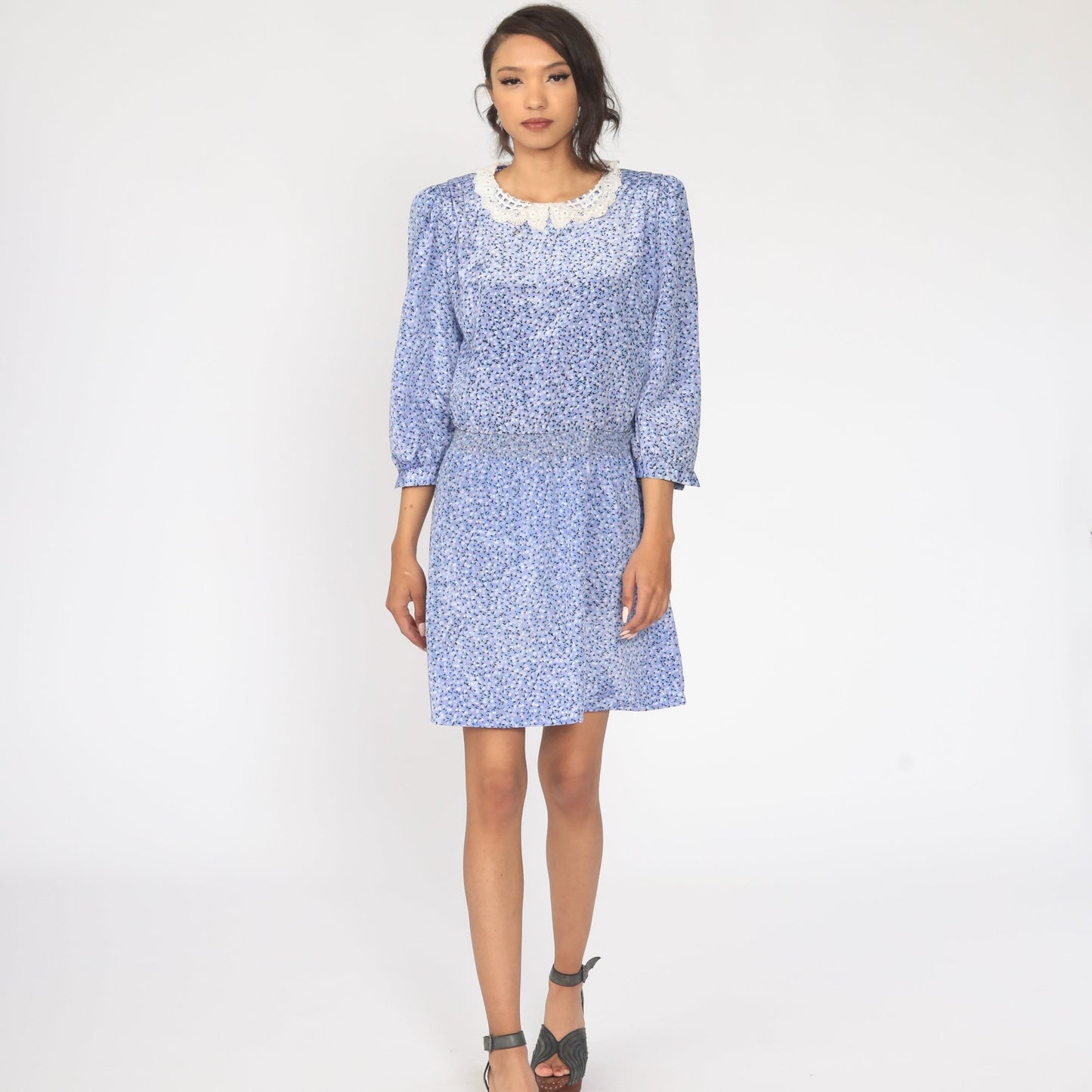 80s Blue Floral Puff Sleeve Dress Lace Trim Mini Large