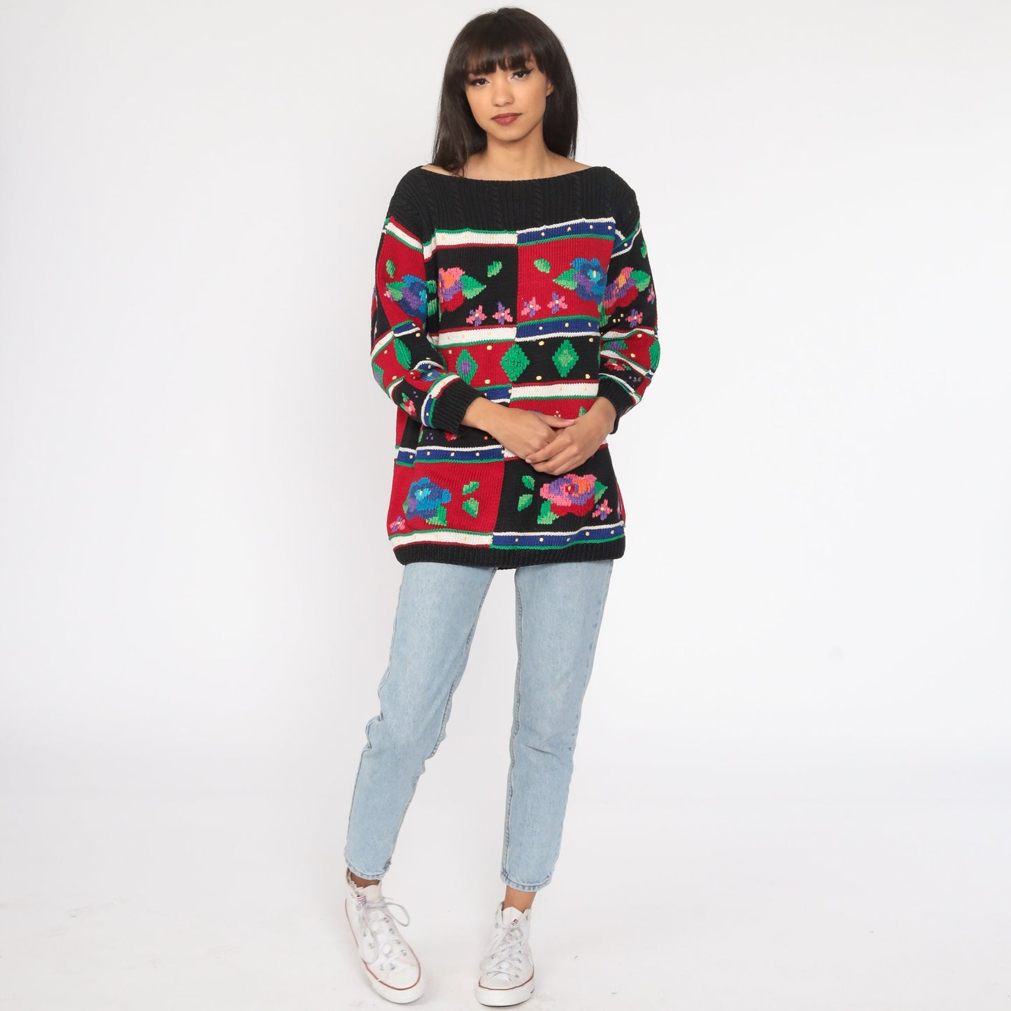 90s Striped Floral Cotton Pullover Sweater Knit Large