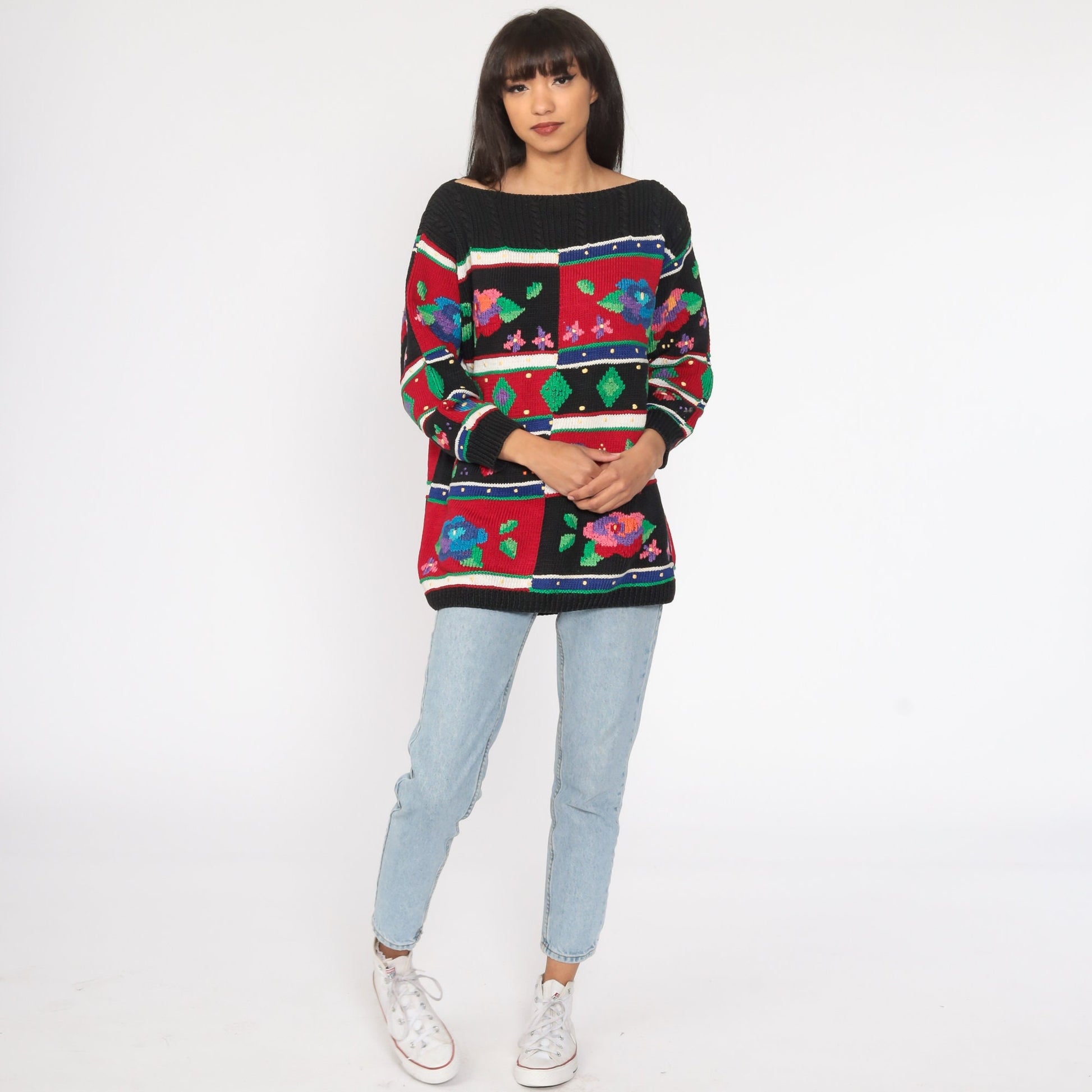 90s Striped Floral Cotton Pullover Sweater Knit Large