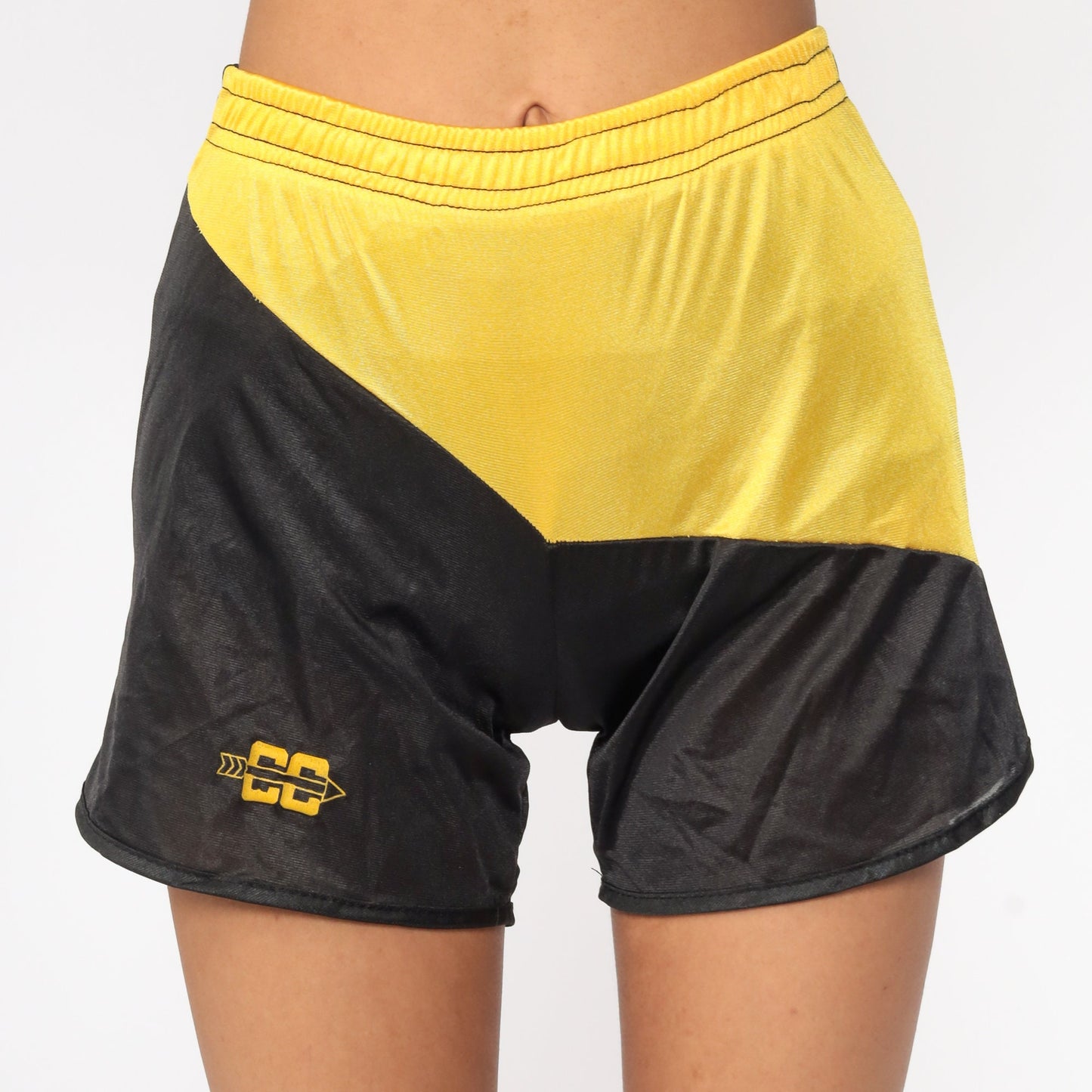 80s Black Yellow Nylon Running Shorts High Waist Color Block Extra Small