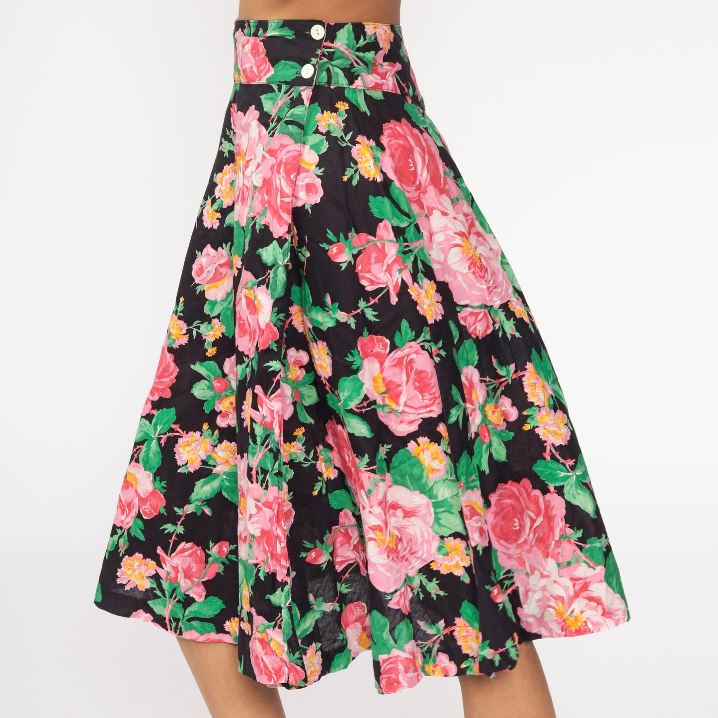 80s Floral Midi Skirt High Waisted Full Black Pink Cotton Extra Small