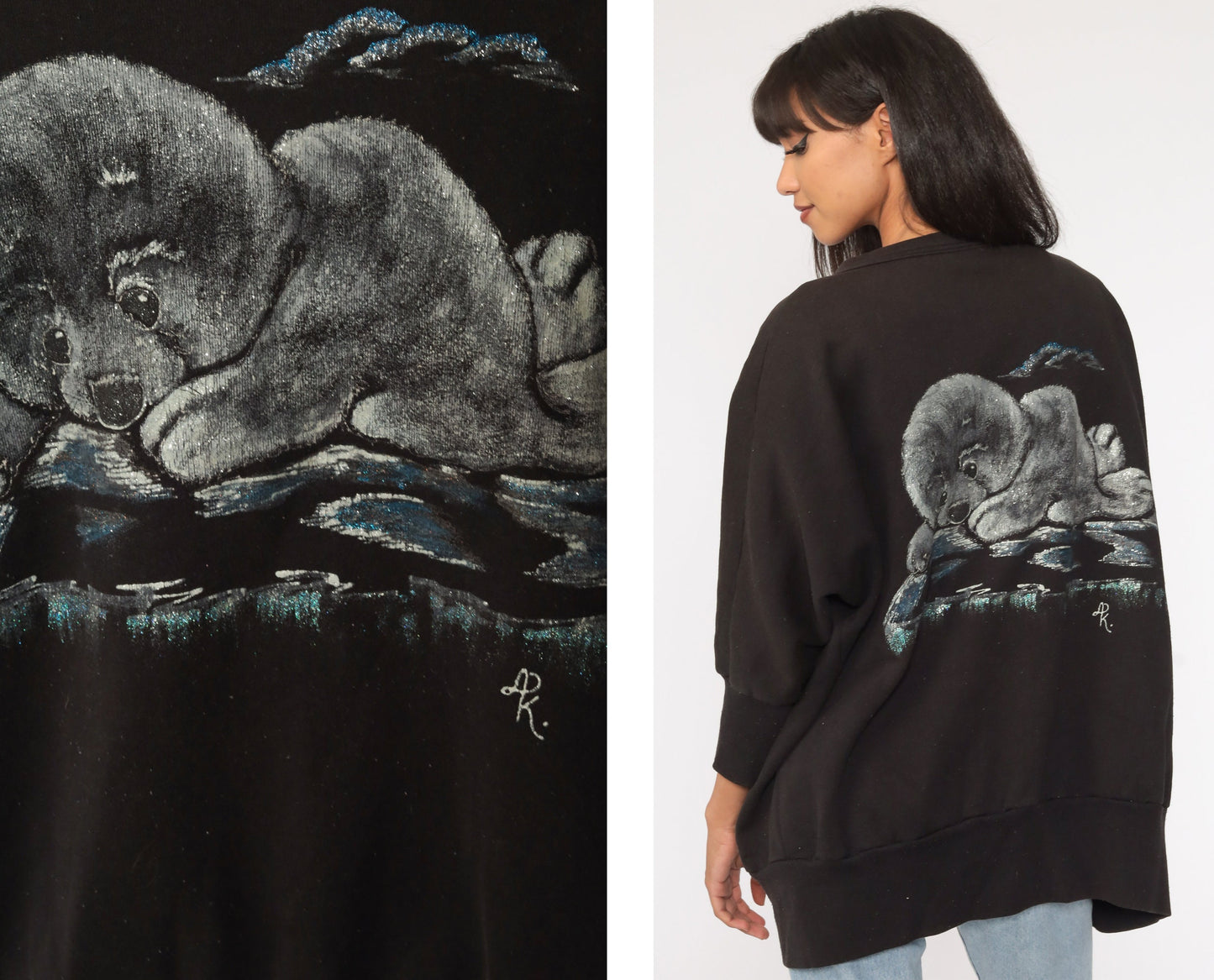 80s Hand Painted Baby Seal Cardigan Sweatshirt Black Open Front One Size