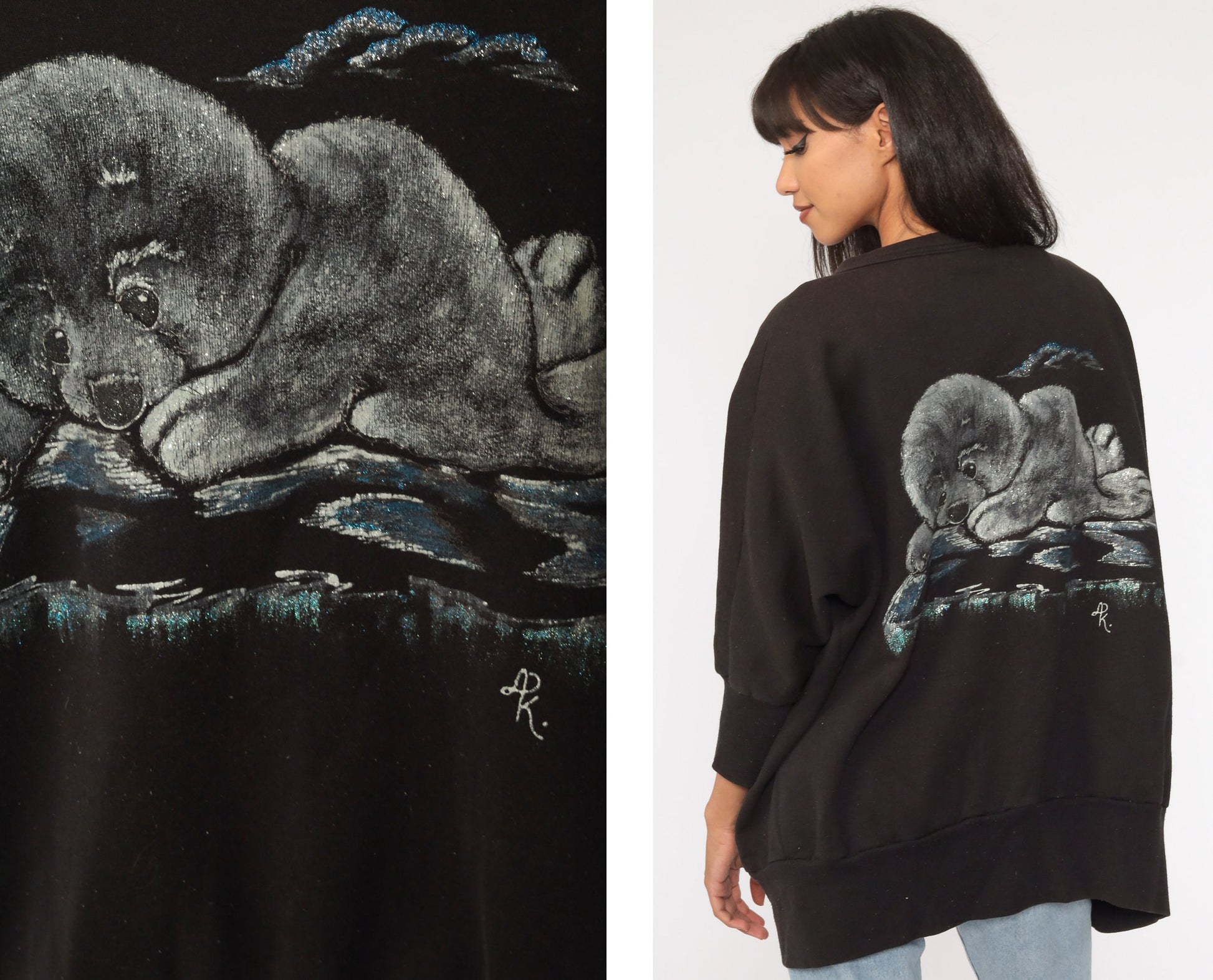80s Hand Painted Baby Seal Cardigan Sweatshirt Black Open Front One Size