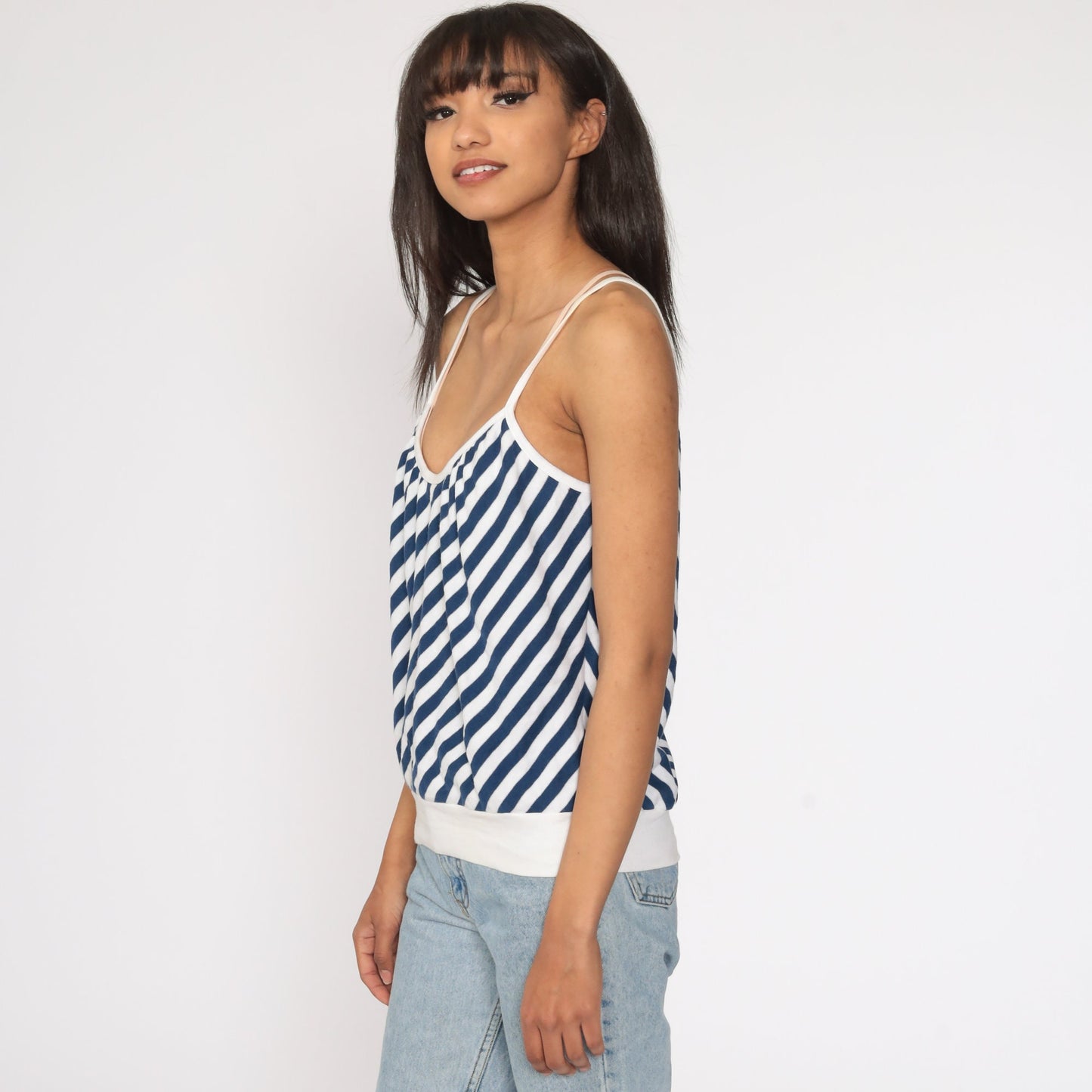 80s Striped Spaghetti Strap Tank Top Blue White Slouchy Medium