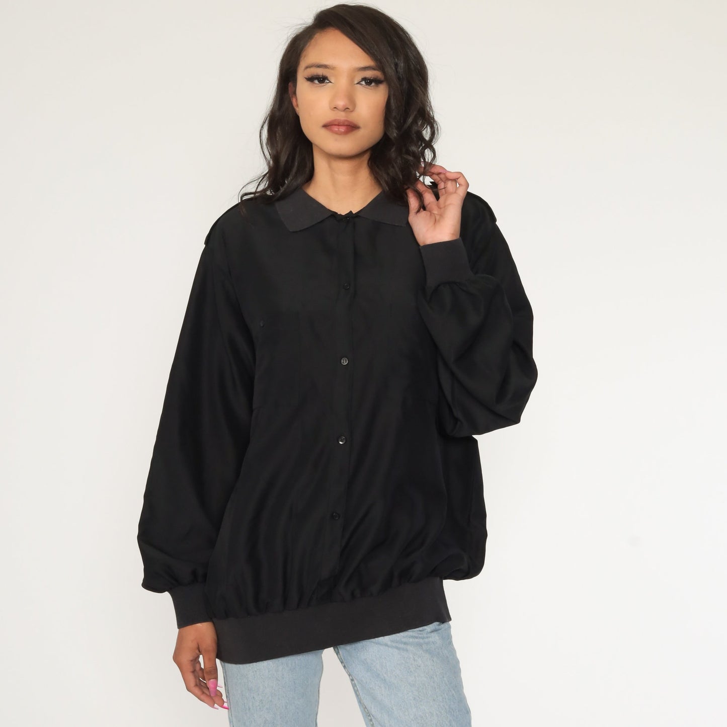 80s Diane von Furstenberg Black Button-Up Shirt Loose Fit Cotton Medium