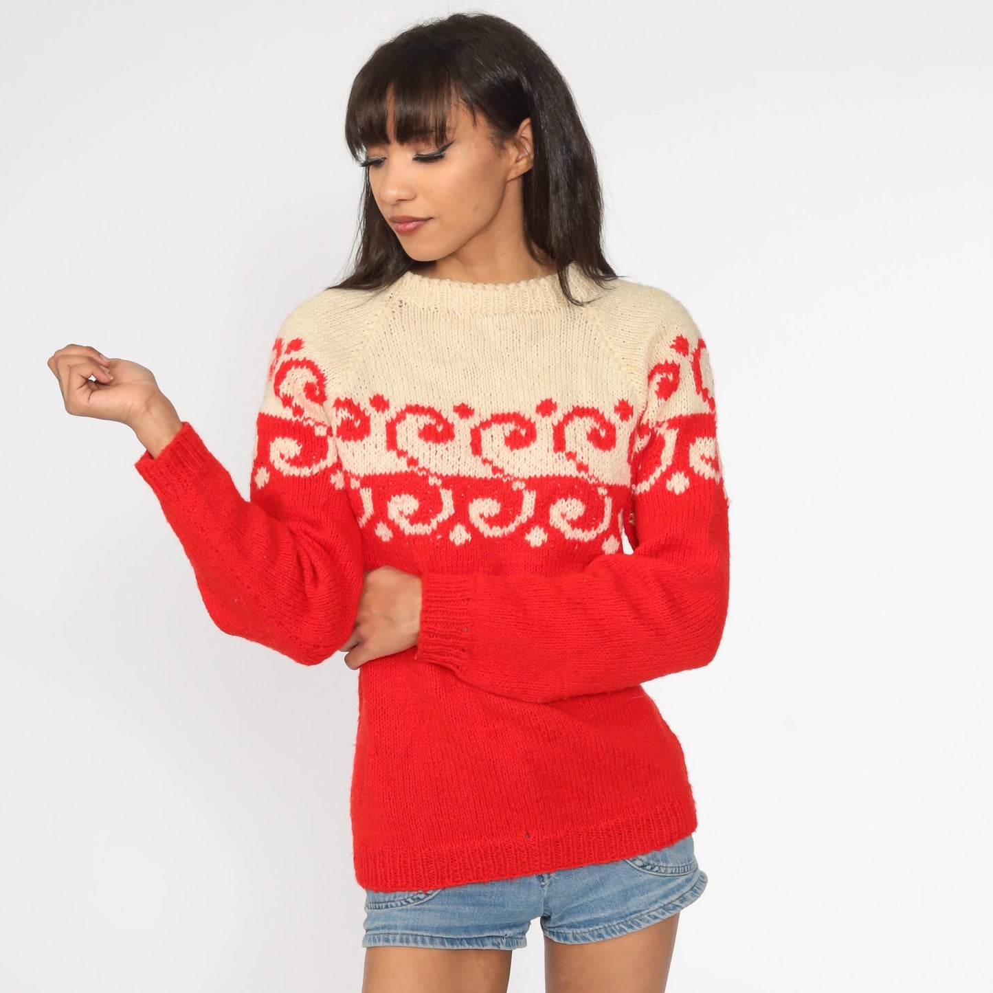 70s Ski Sweater Red Cream Letter S Raglan Pullover Small Medium