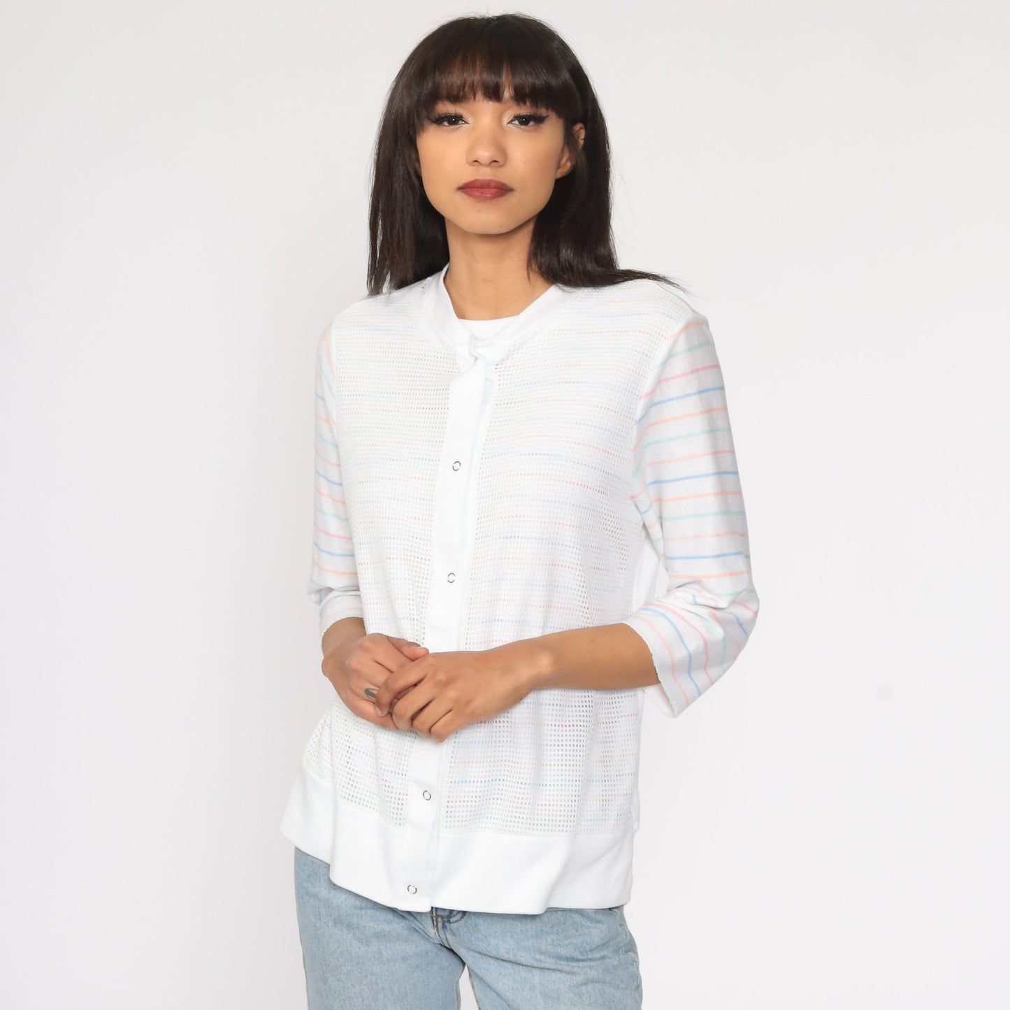 80s White Striped Mesh 3/4 Sleeve Shirt Medium