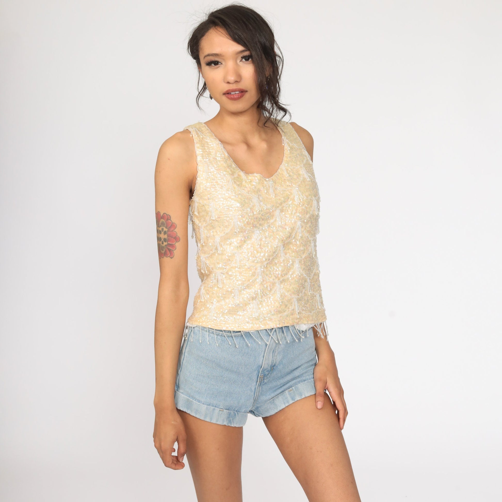 60s Beaded Sequin Knit Tank Top Cream Sleeveless Blouse Extra Small