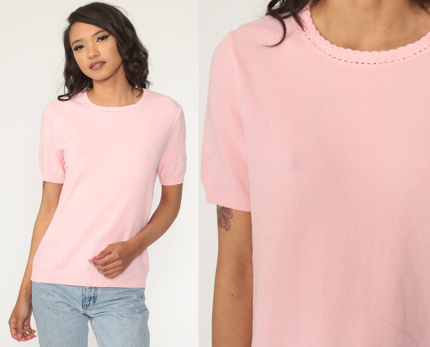 70s Pink Knit Blouse Braided Trim Short Sleeve Nylon Top Medium Large