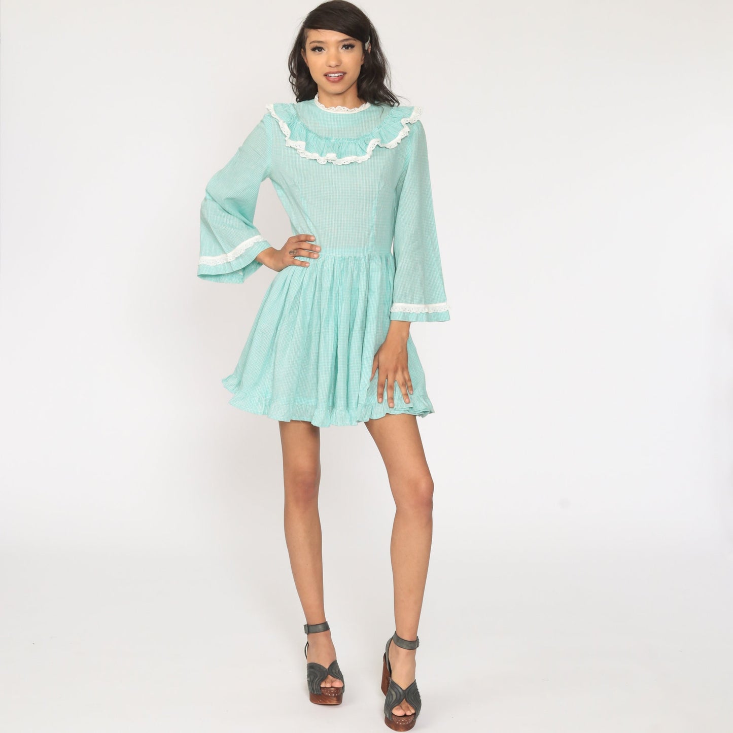 1960s Gingham Mini Dress Bell Sleeve Eyelet Lace Bluish Green Small