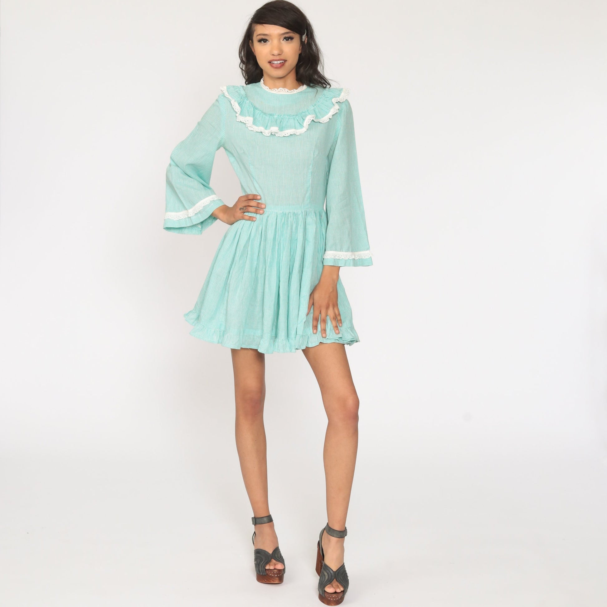 1960s Gingham Mini Dress Bell Sleeve Eyelet Lace Bluish Green Small