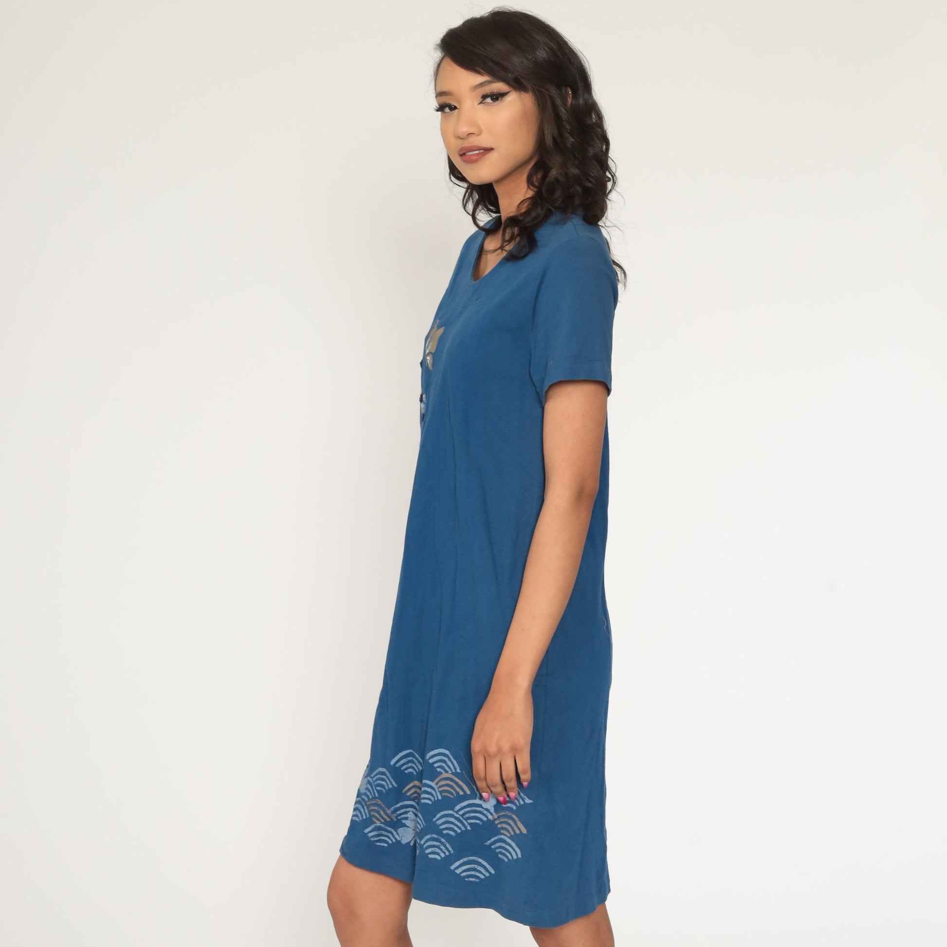 90s Butterfly Print Blue Mini Dress Shift Short Sleeve Small