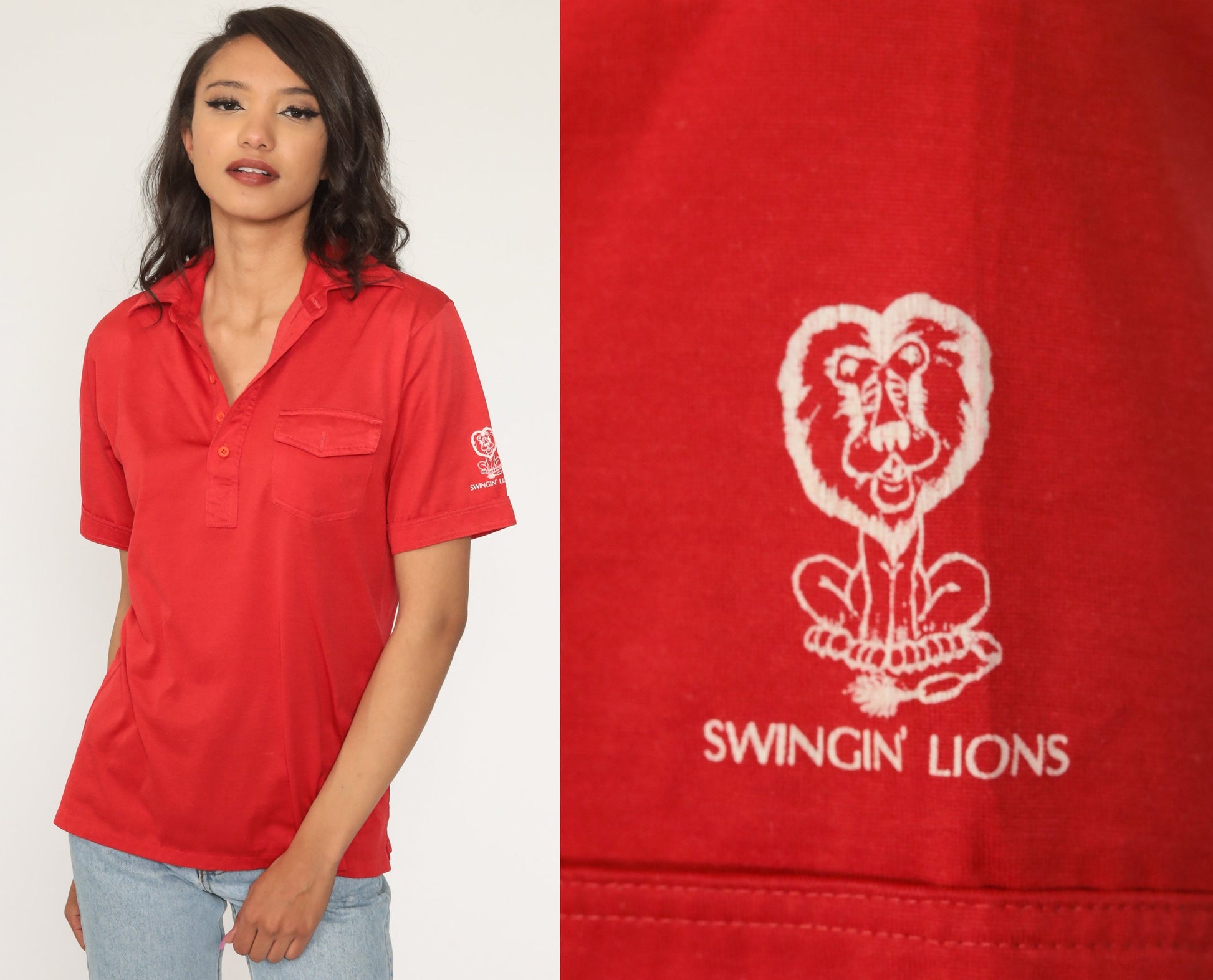 70s Swingin Lions Red Polo Shirt Half-Button Collared Short Sleeve Small Medium