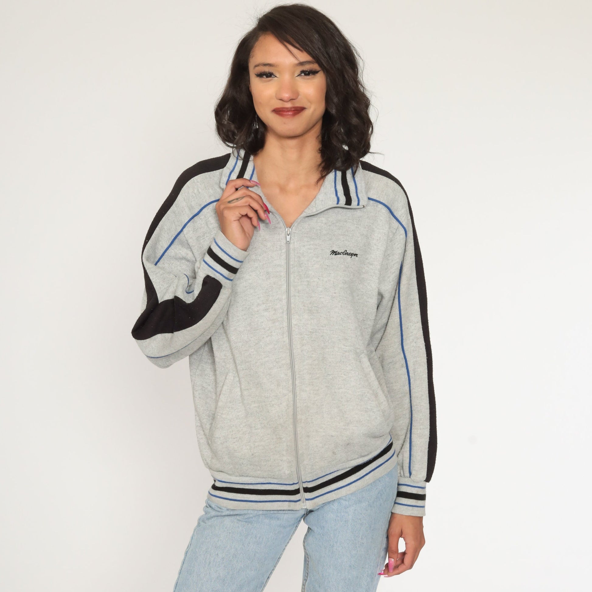80s McGregor Track Jacket Grey Striped Zip Up Sweatshirt Medium Large