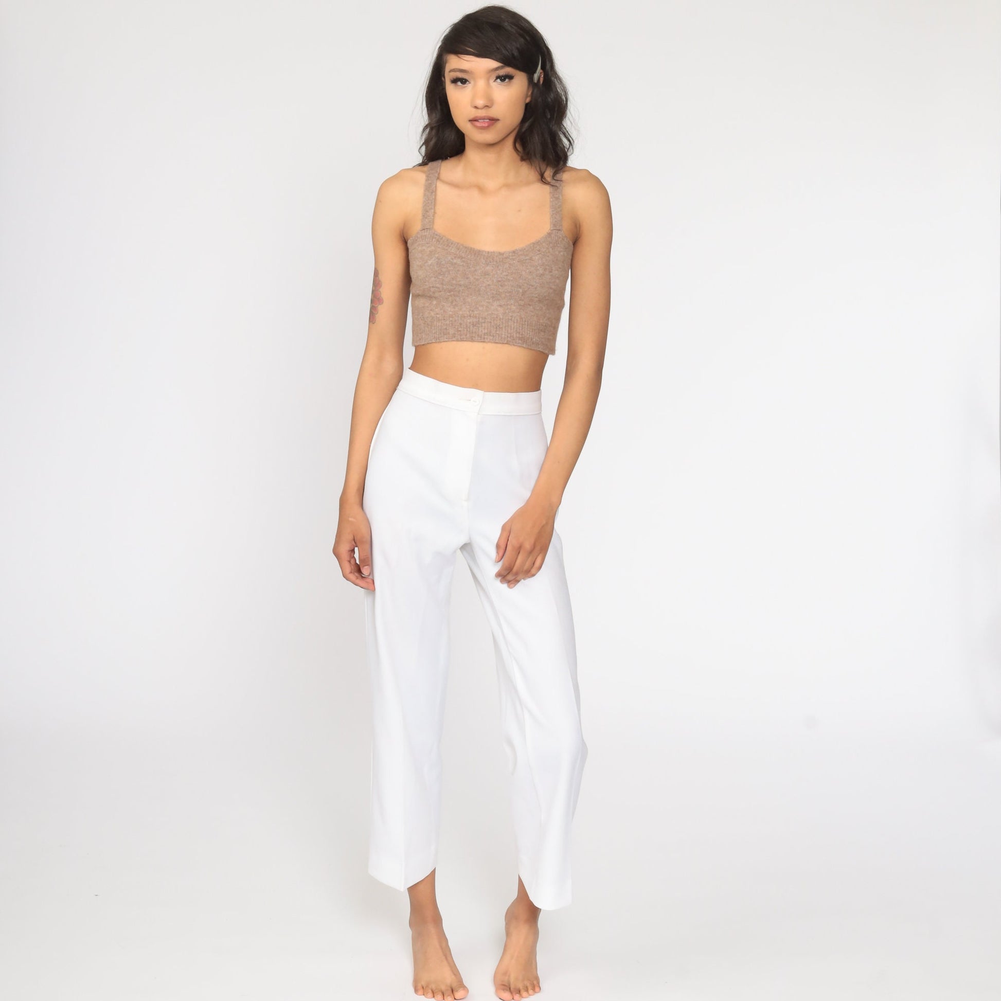 70s White High-Waisted Straight Leg Trousers Small 26
