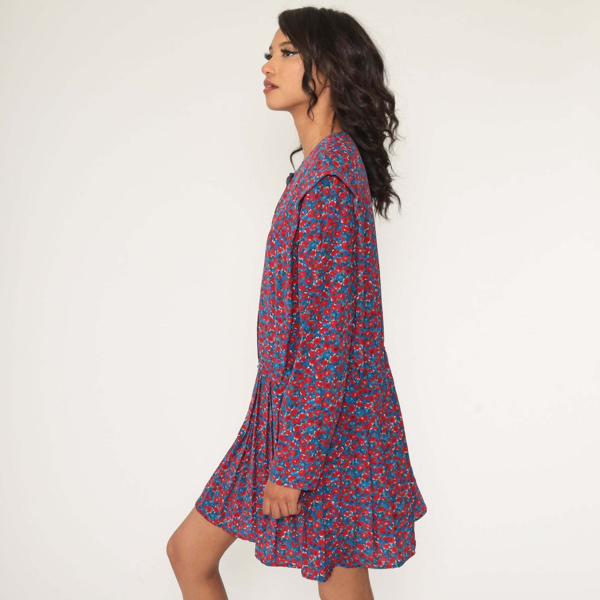 Leslie Fay Floral Mini Dress 90s Red Blue Pleated Button-Up Extra Large