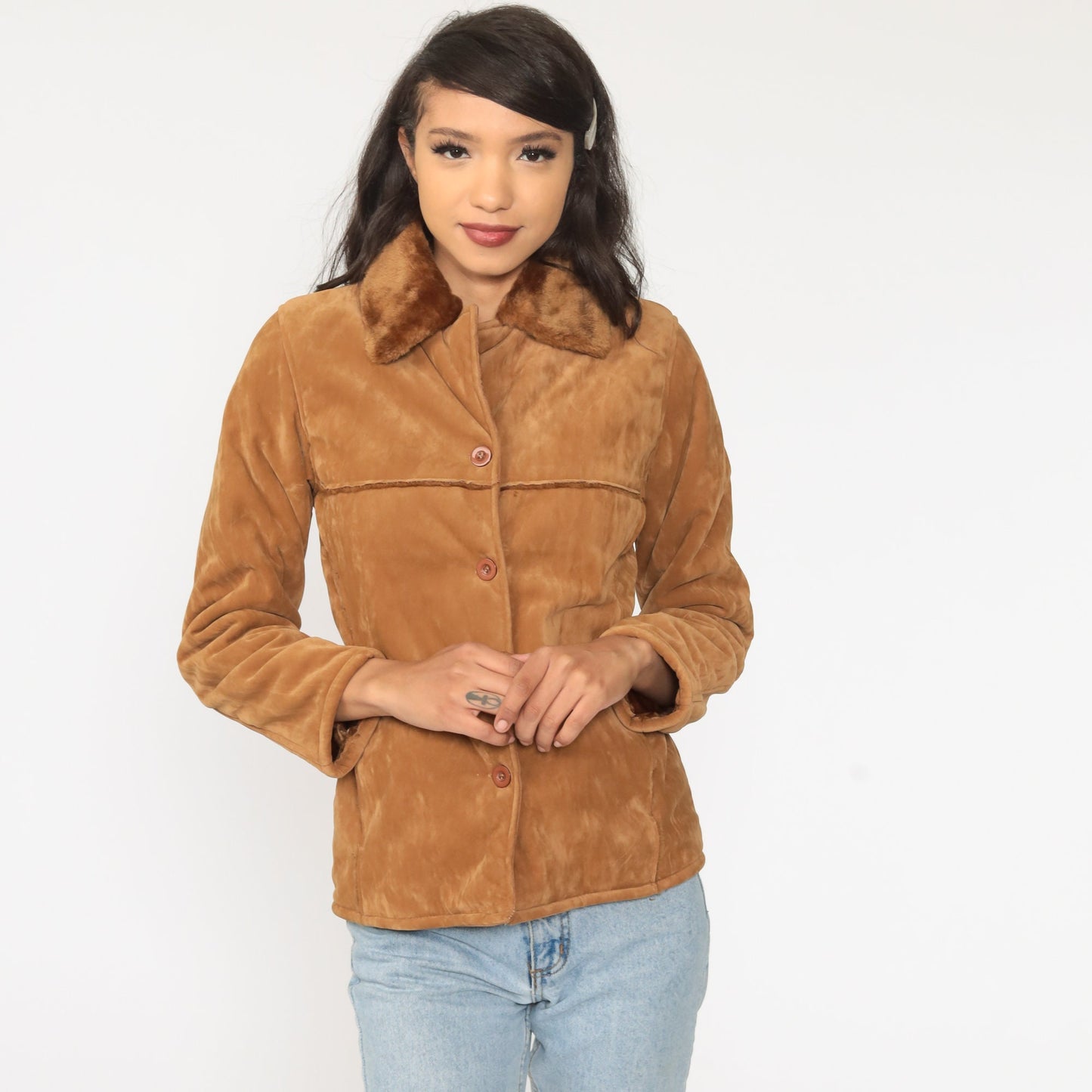 00s Brown Velour Jacket Faux Fur Trim Y2K Short Coat Medium