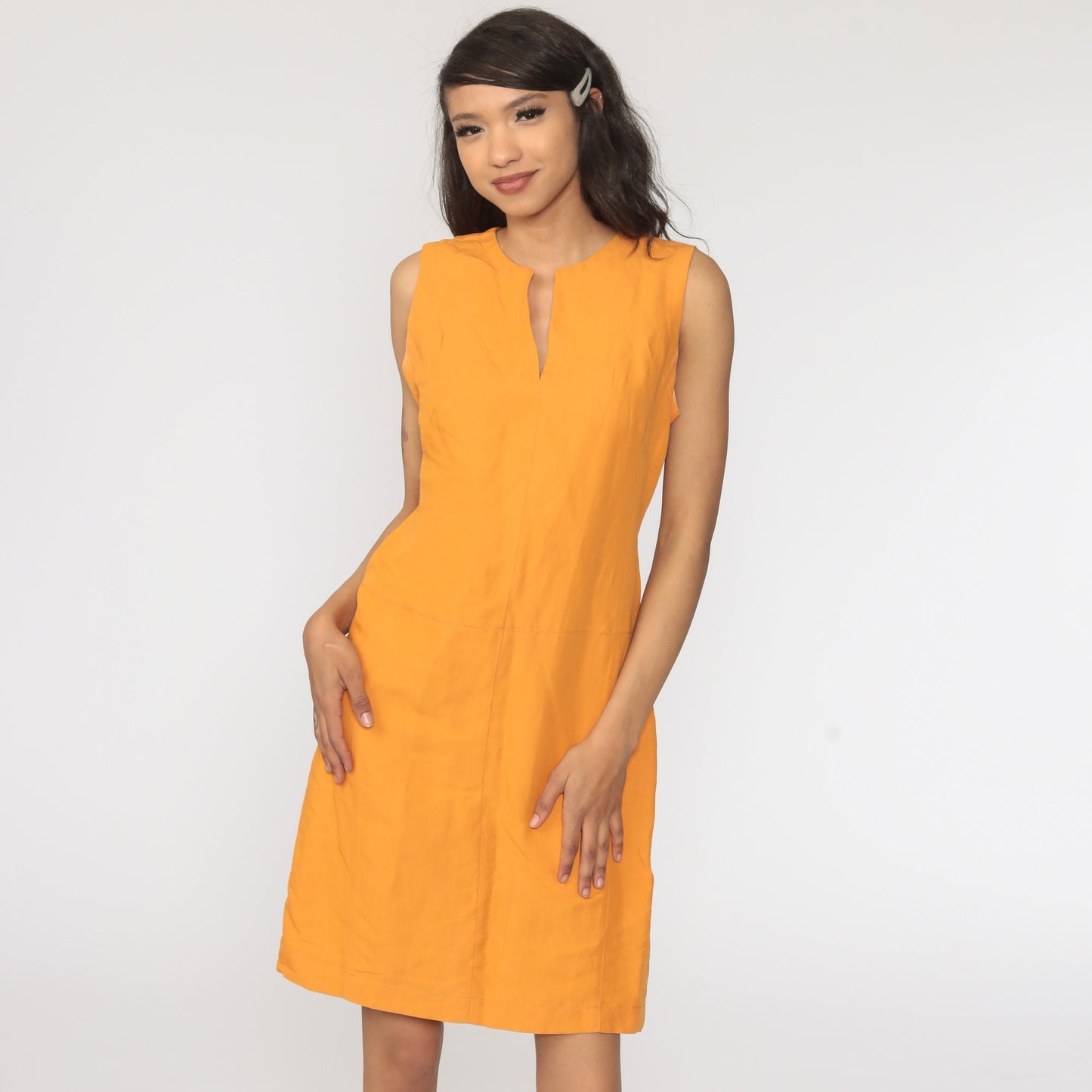 90s Orange Linen Rayon Sleeveless Mini Shift Dress Medium