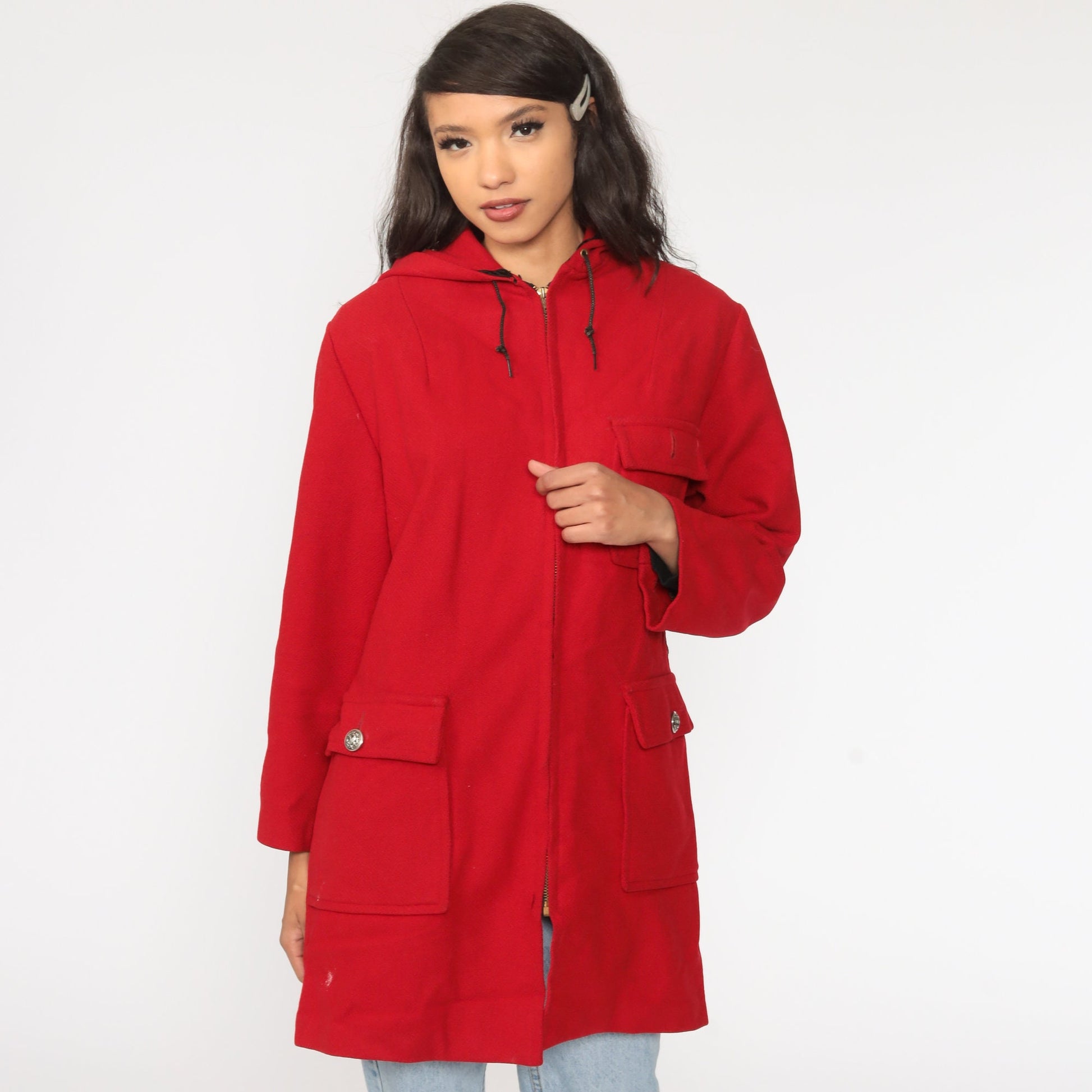 80s Red Wool Hooded Coat Zip Jacket Faux Fur Lining Extra Large XL