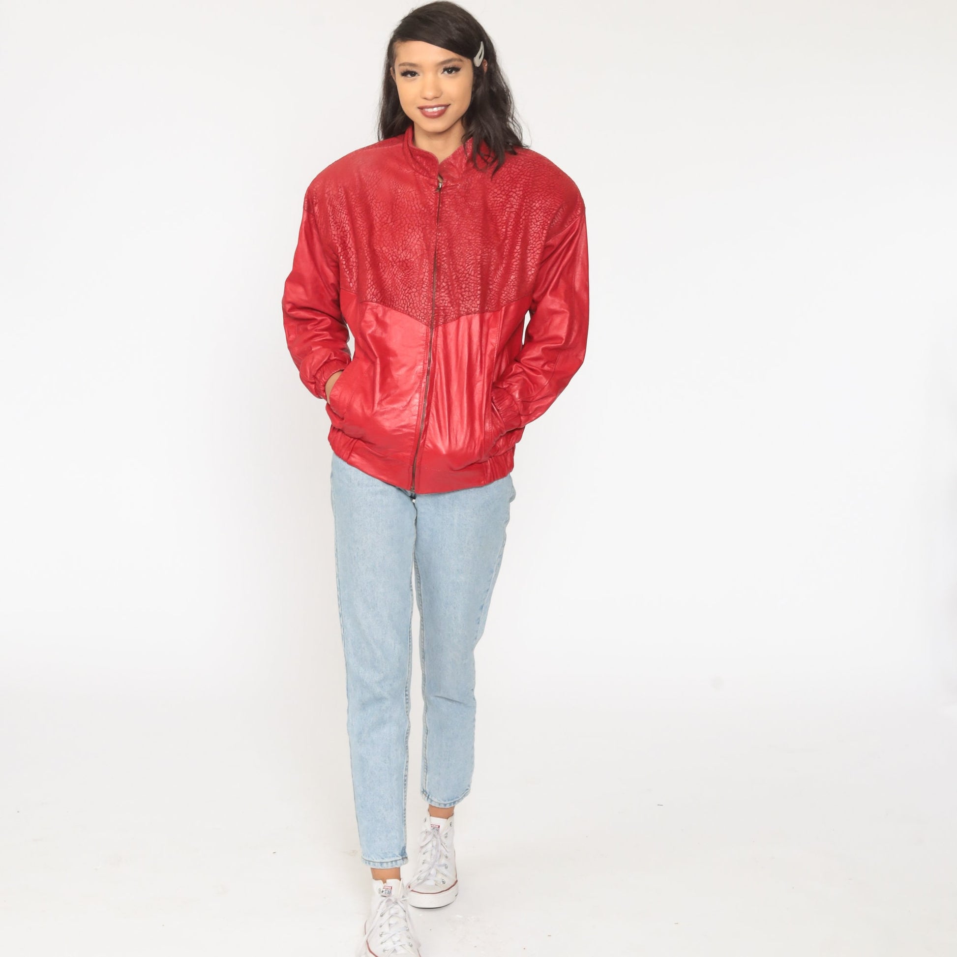 80s Red Leather Motorcycle Jacket Faux Snakeskin Biker Moto Medium