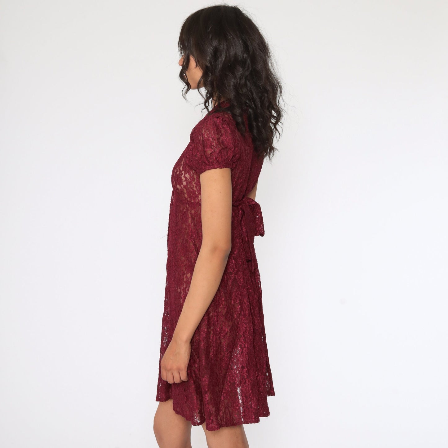90s Burgundy Lace Mini Dress Peter Pan Collar Puff Sleeve Extra Small